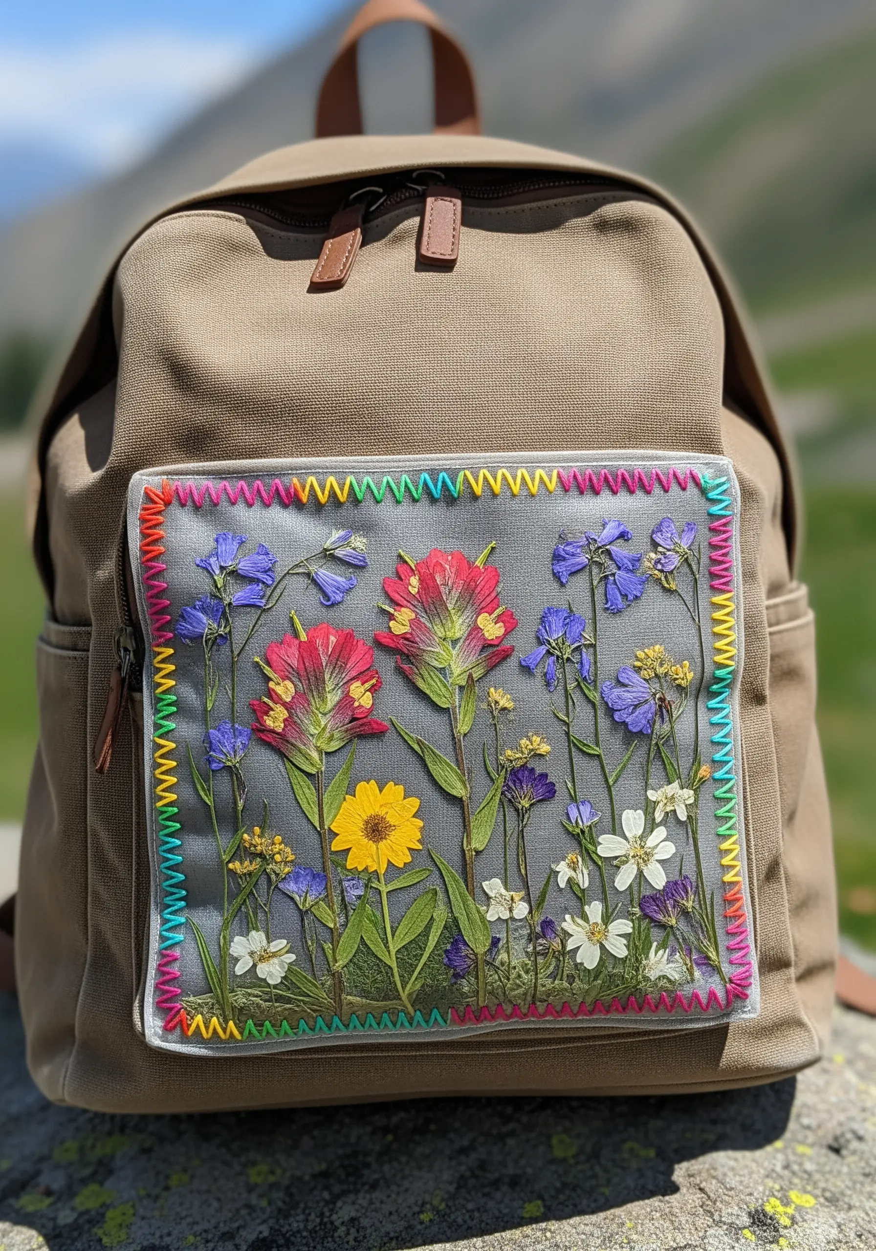 A fabric patch on a backpack with pressed flowers preserved under a clear vinyl window.