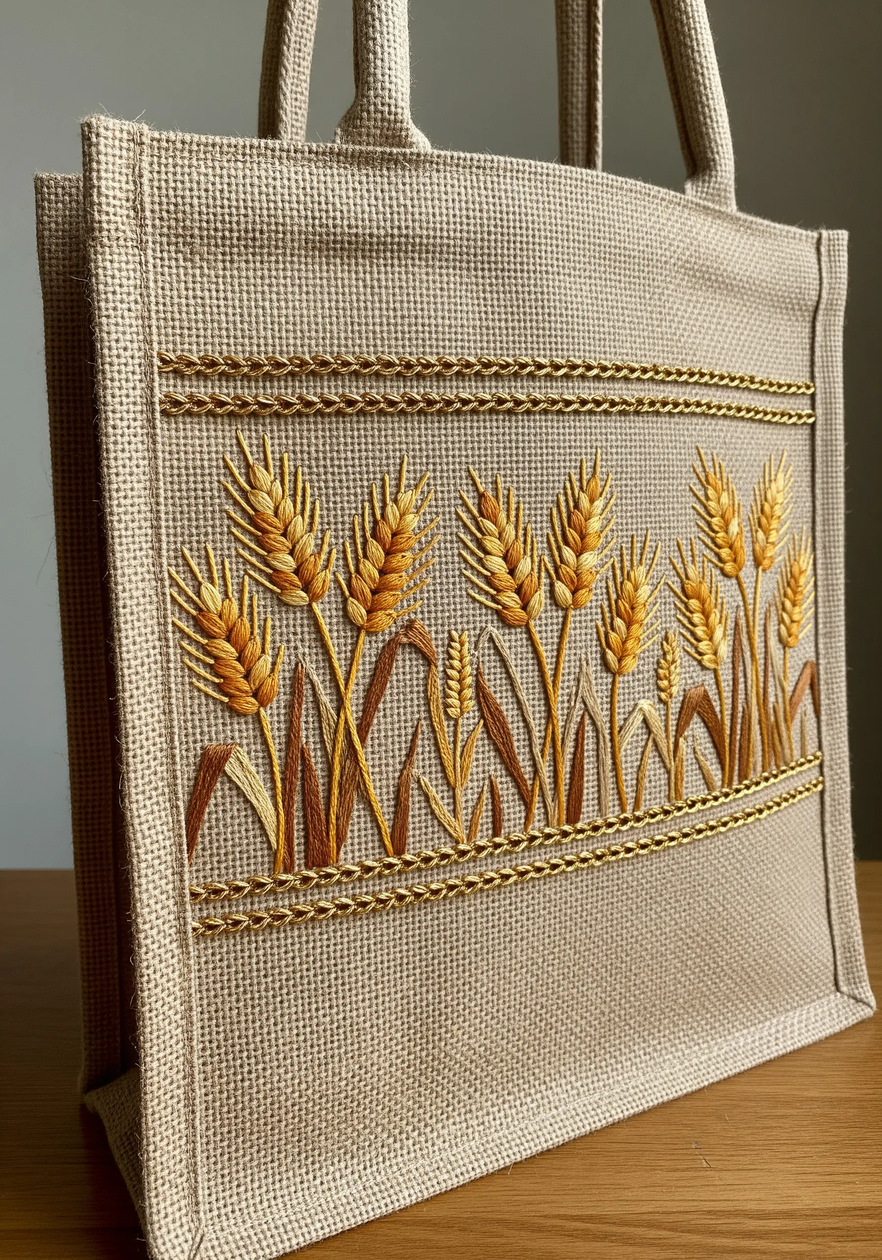 Embroidered wheat stalks framed by a golden braided chain stitch on a burlap tote