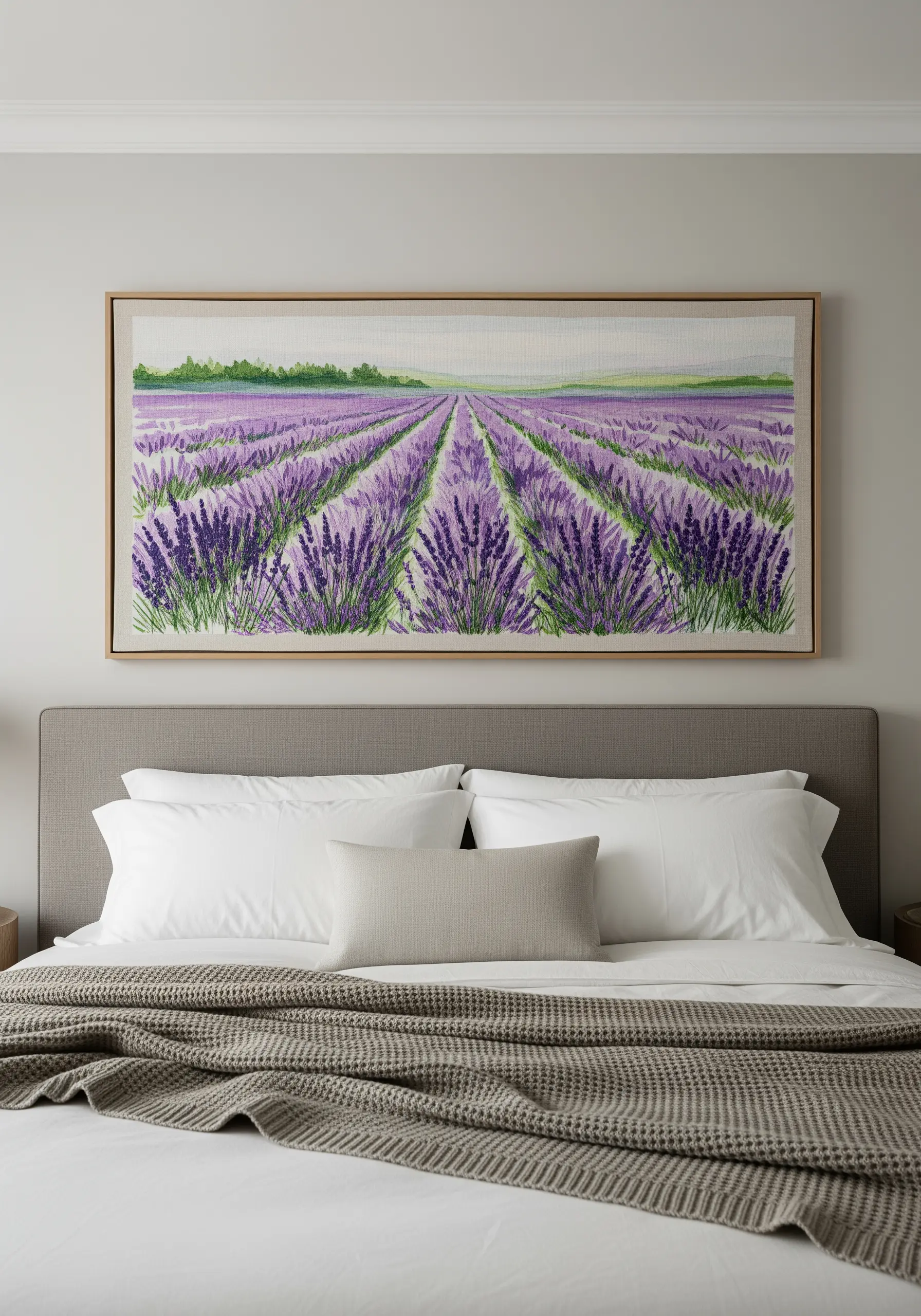 A large, horizontally framed embroidery of a lavender field hanging above a bed.