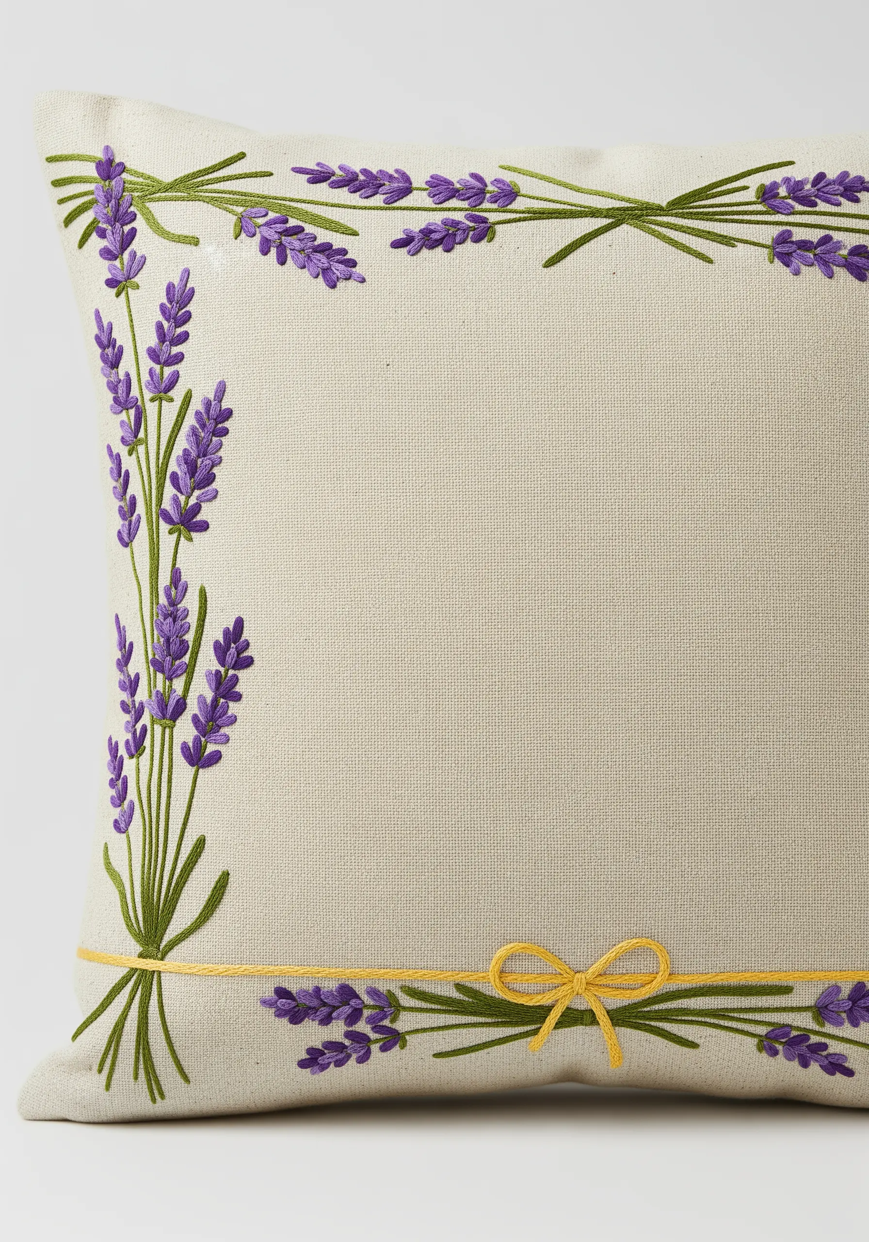 A linen pillow with an L-shaped border of embroidered lavender stalks.