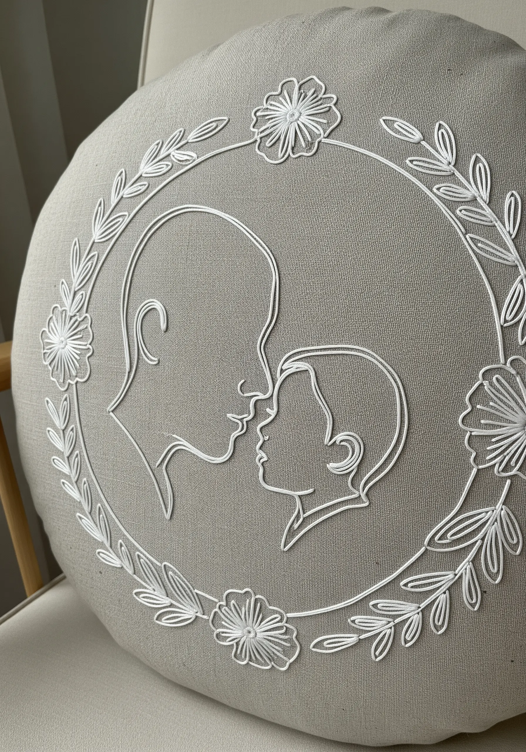 A white line art portrait on a grey pillow, encircled by a delicate embroidered floral wreath.