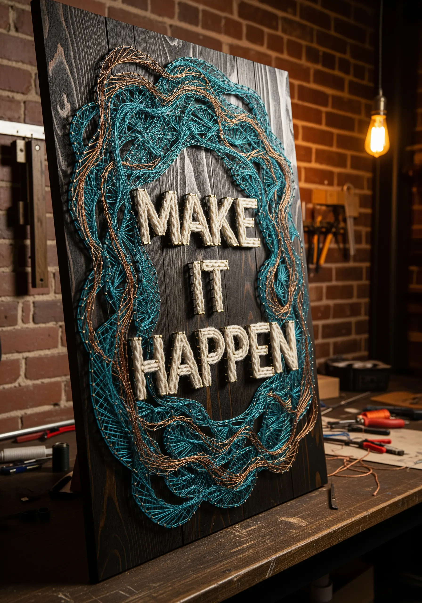 String art on dark wood with 'MAKE IT HAPPEN' in chunky yarn, framed by teal and copper threads.