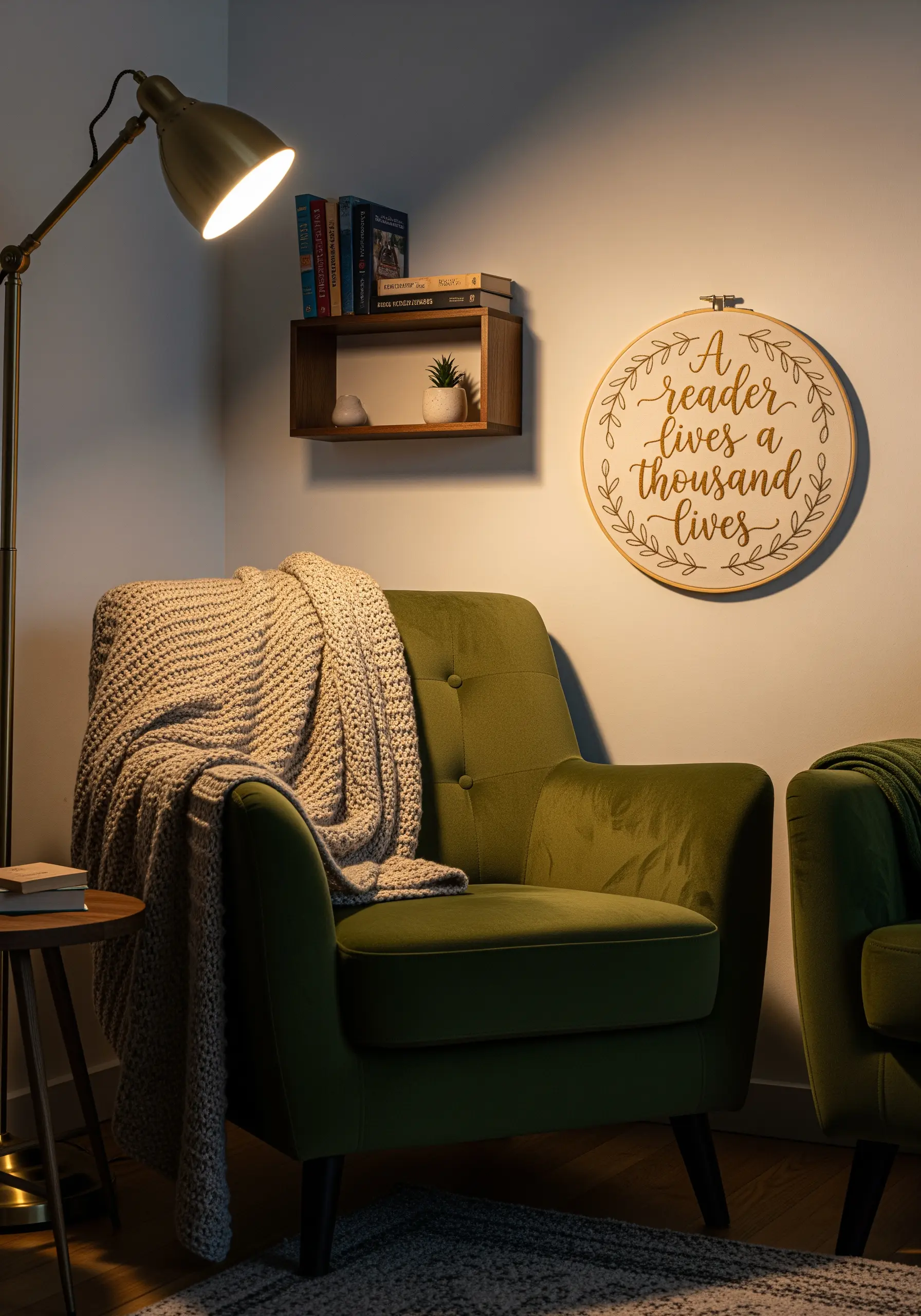 Embroidery hoop with a cursive quote surrounded by a simple green leaf wreath.