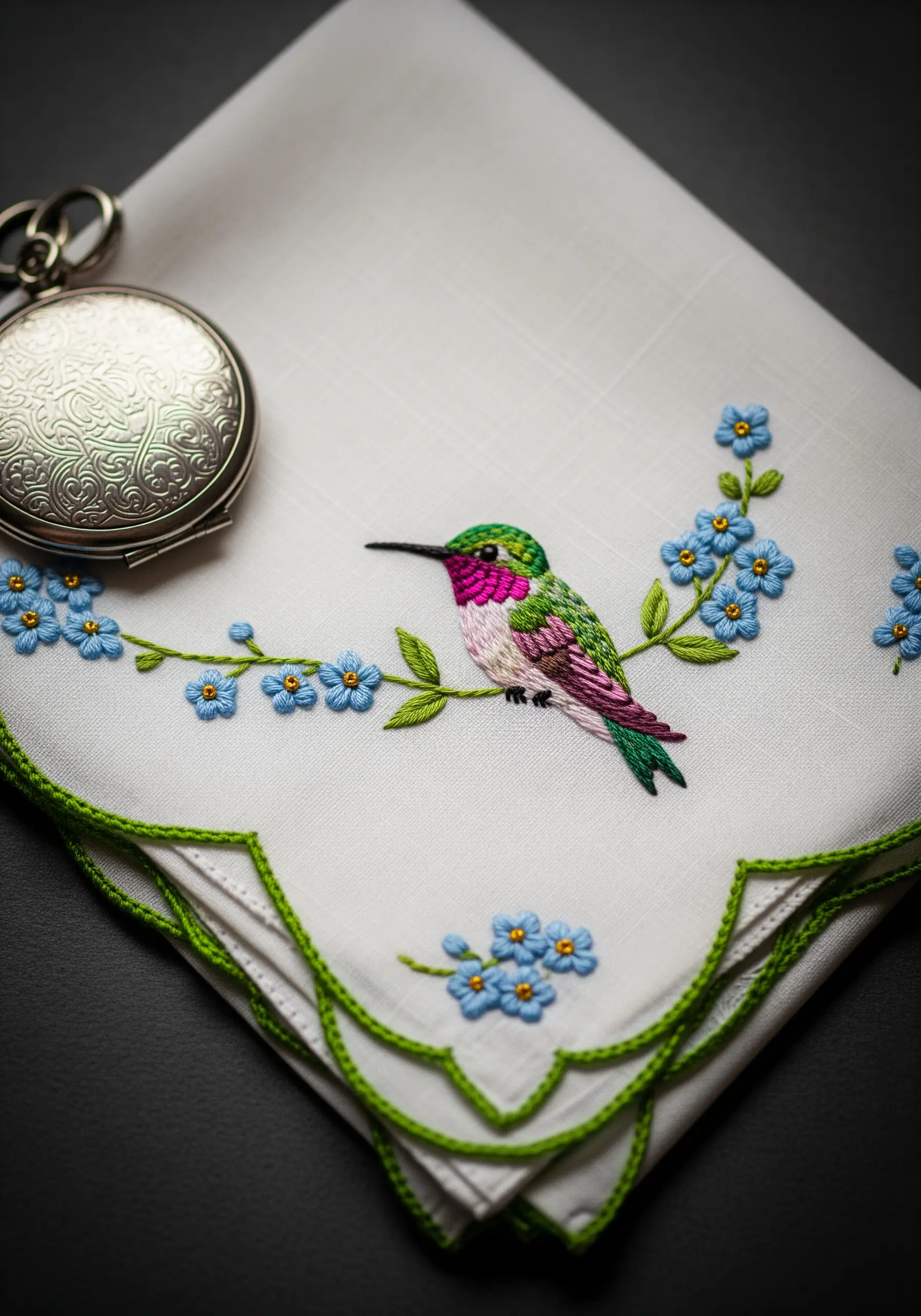Hummingbird on a branch of forget-me-nots with a green scalloped edge handkerchief.