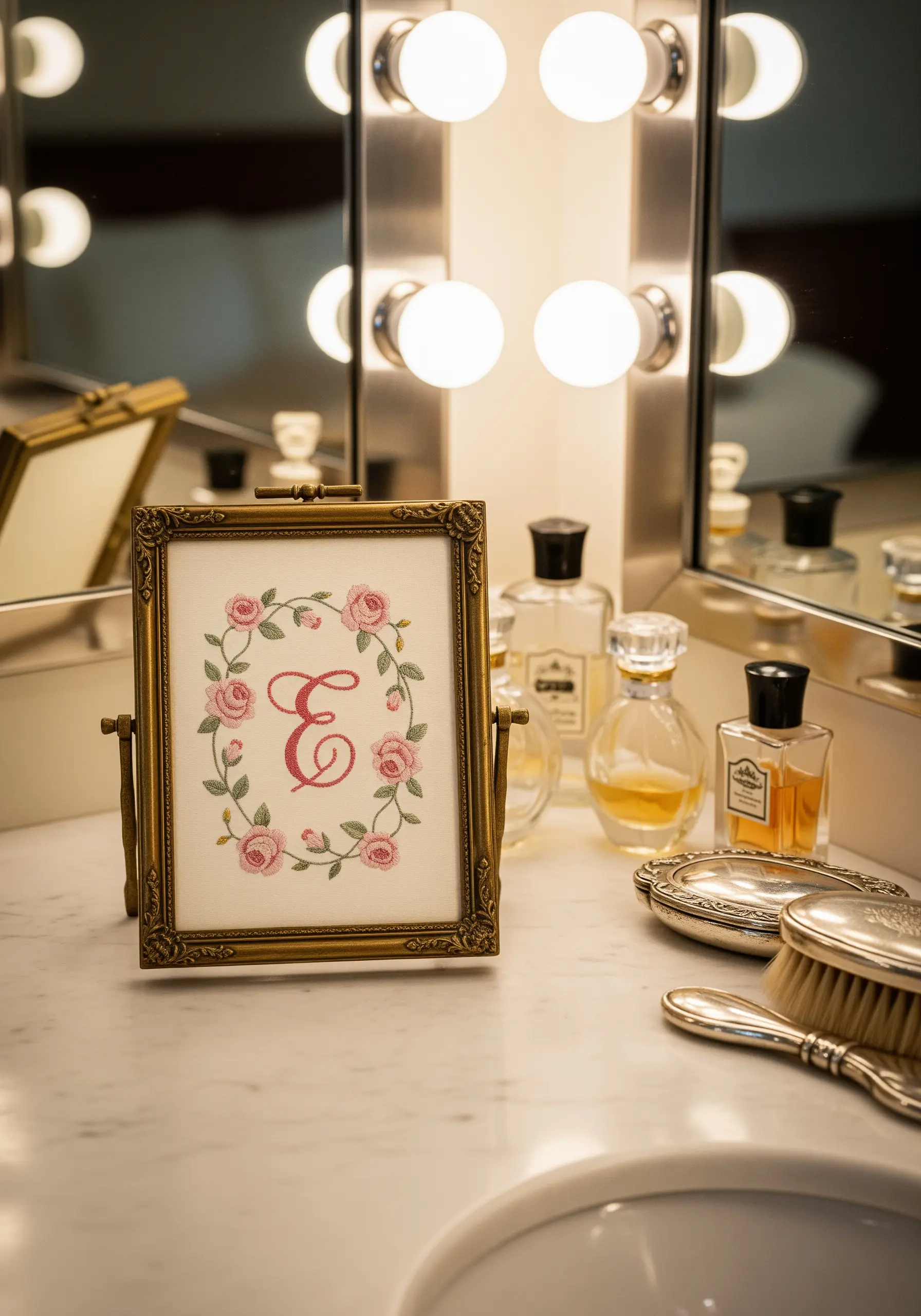 A floral monogram embroidery displayed in an ornate, vintage-style gold frame on a vanity.