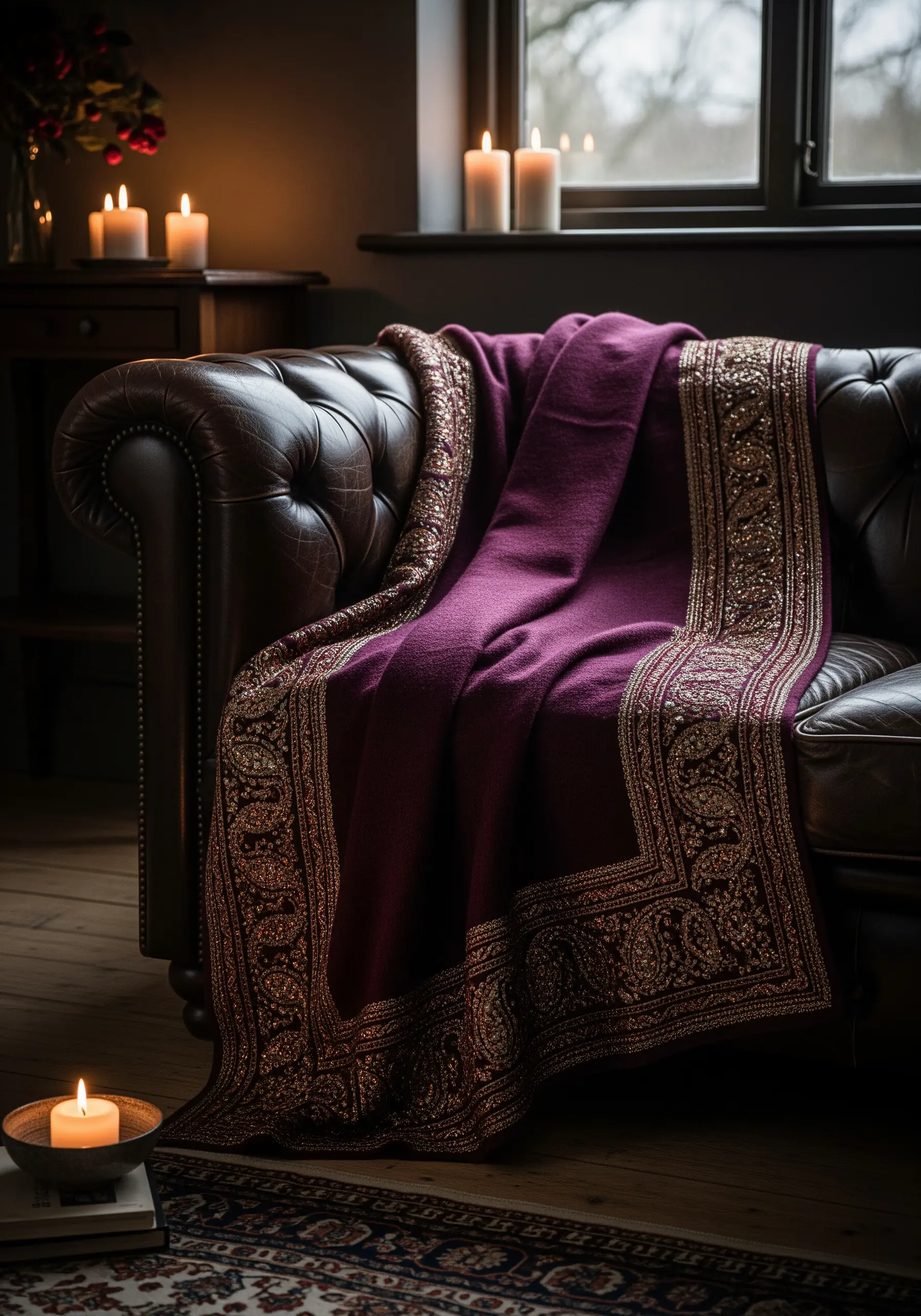 A deep magenta blanket with a wide, intricate paisley border embroidered in gold thread.