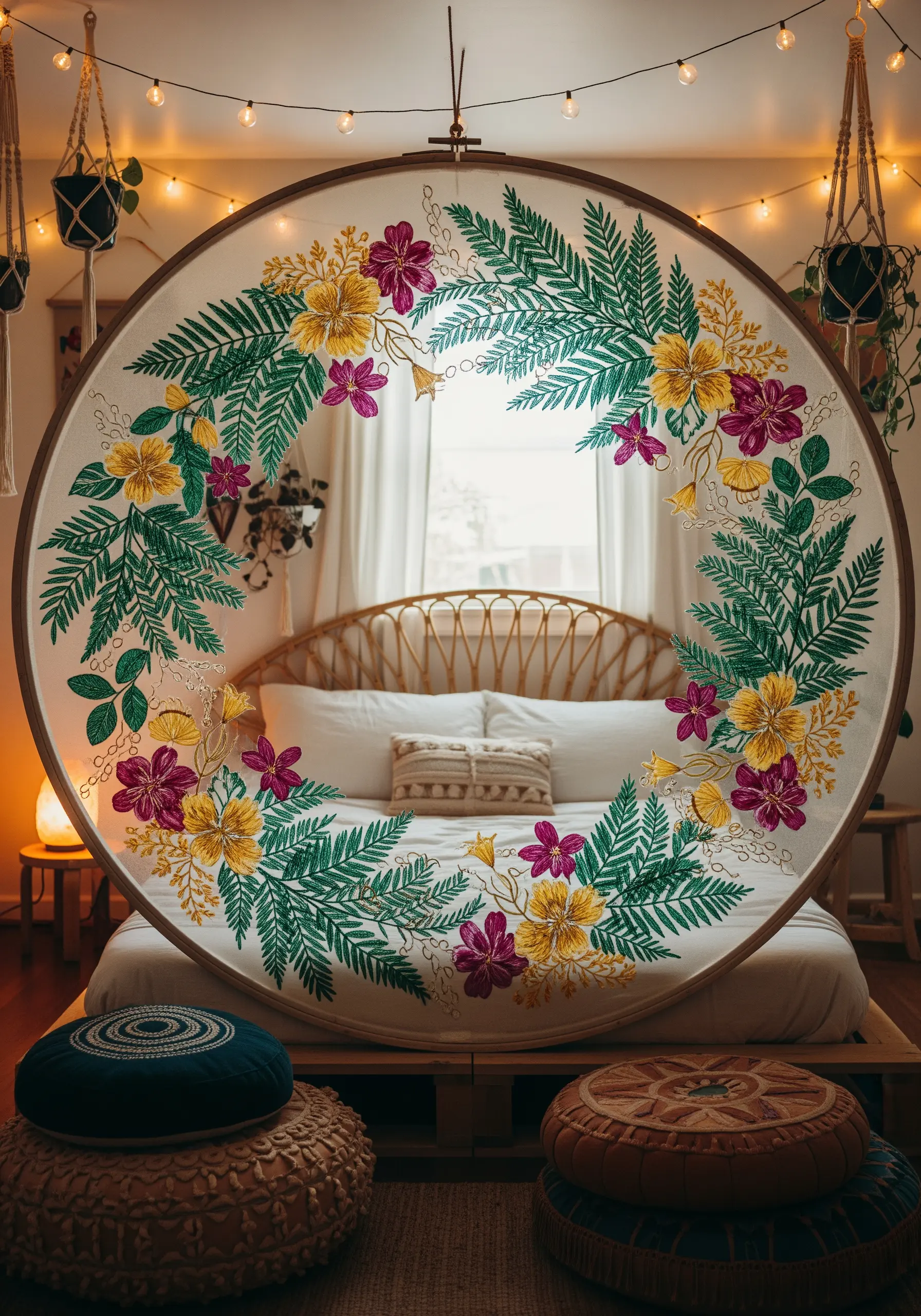 A massive embroidery hoop with a floral wreath design stitched on sheer fabric, framing a bed.