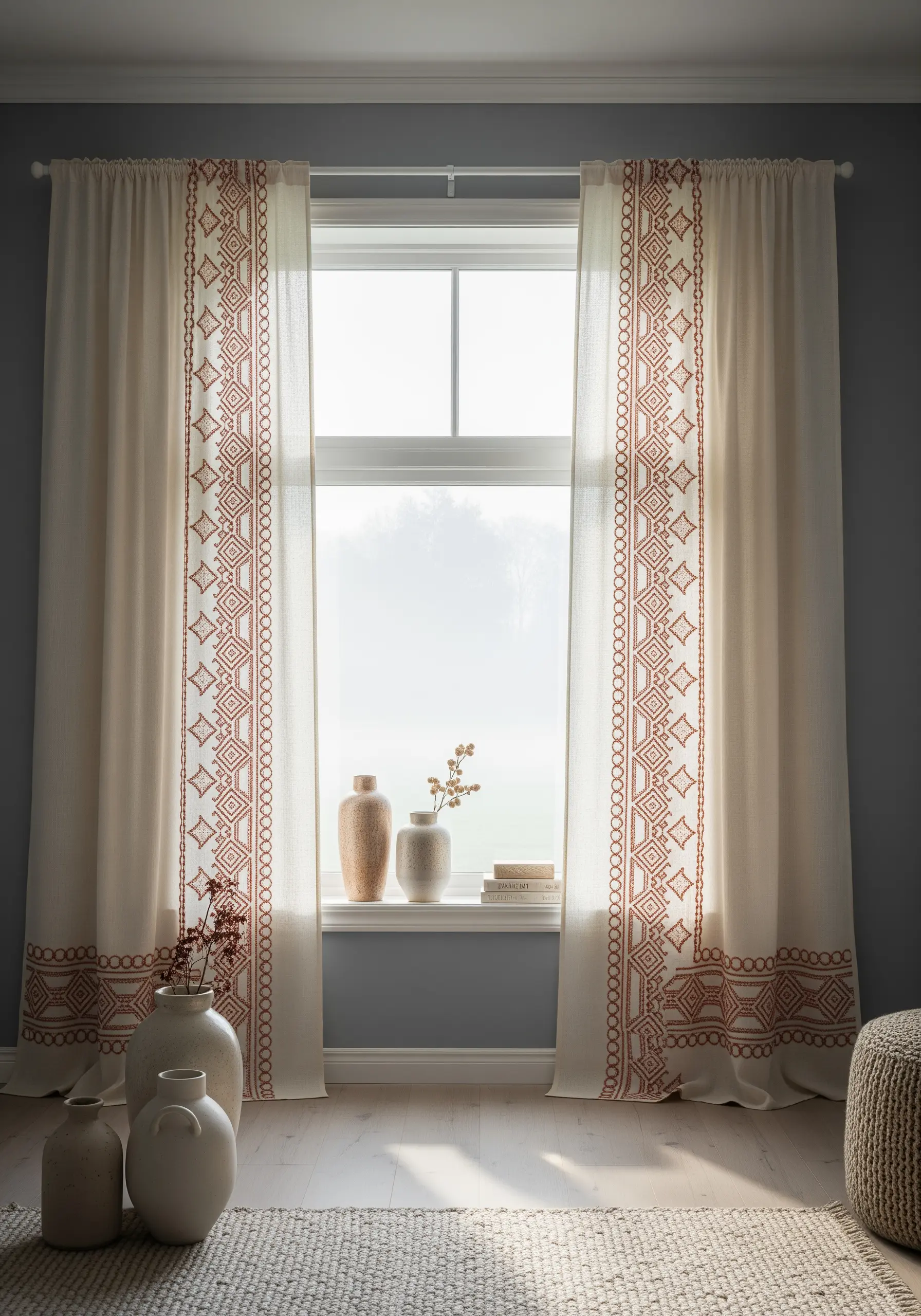 Geometric embroidered border in clay-colored thread on cream linen curtains.