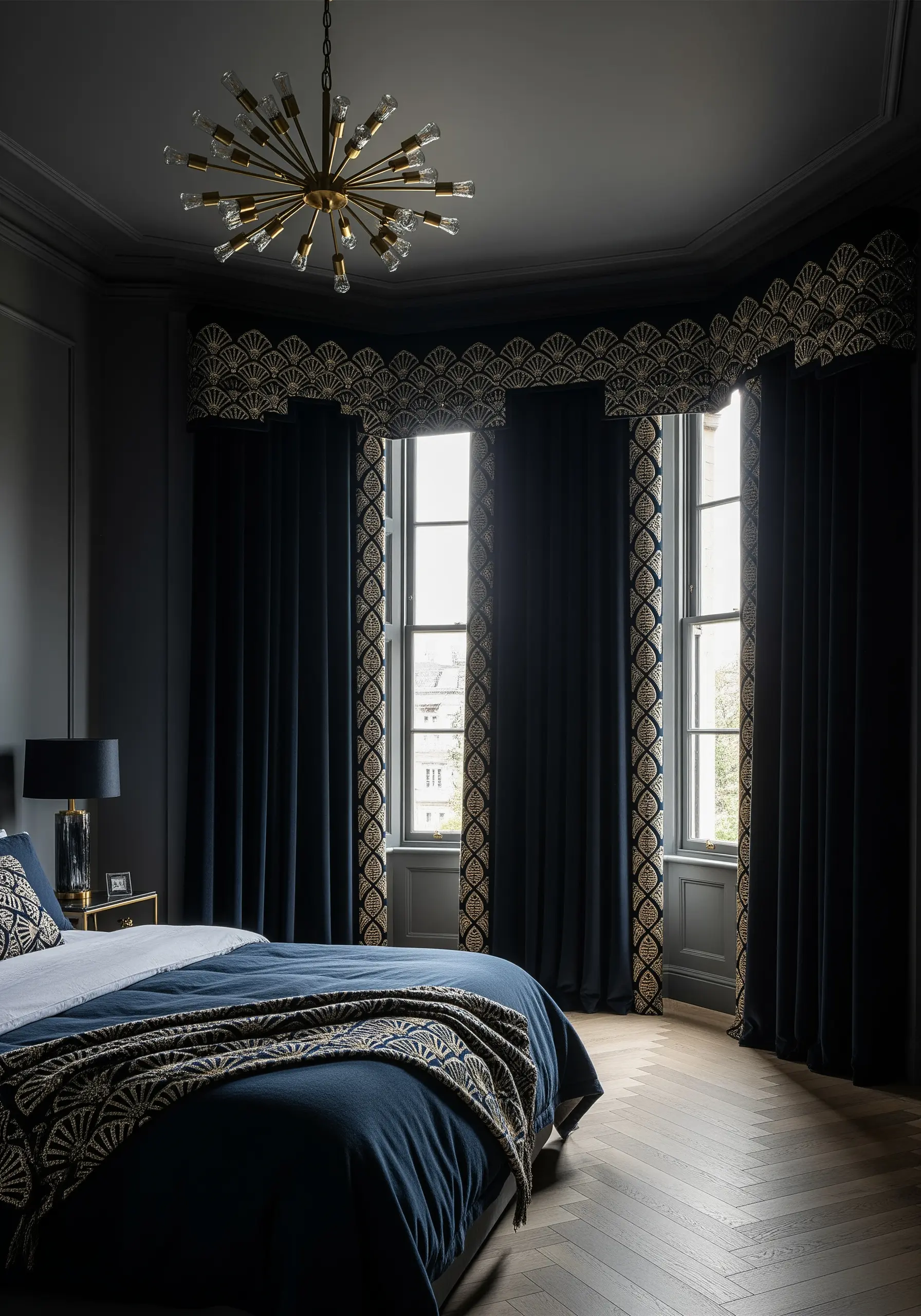 Dark navy curtains with an elaborate, embroidered Art Deco border in gold and cream.