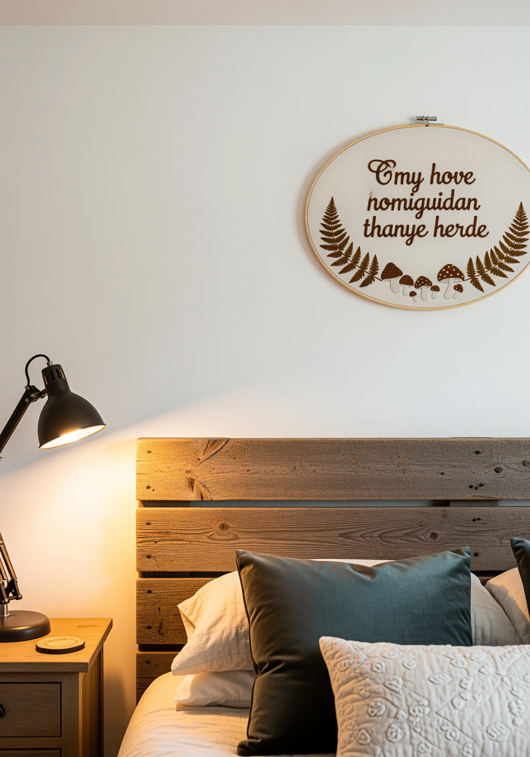 Quote hoop framed by embroidered ferns and mushrooms above a rustic wooden headboard.