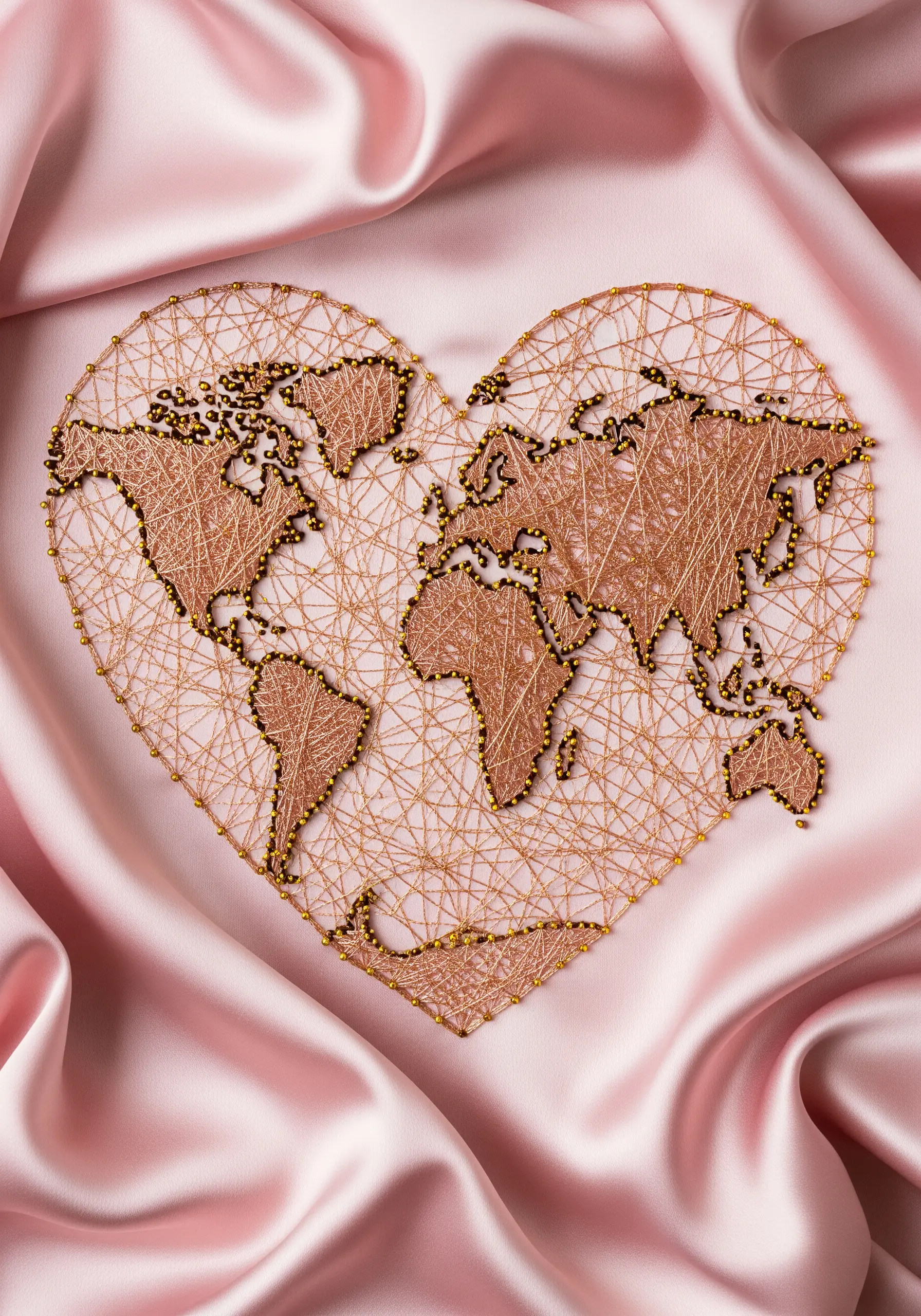 Heart-shaped string art world map with gold thread and pins on draped pink satin fabric.