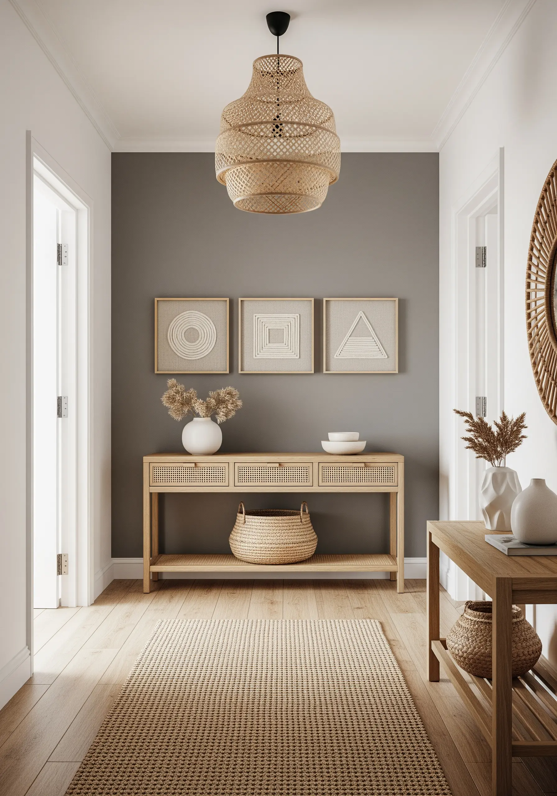 Triptych of framed string art on fabric showing geometric circles, squares, and triangles.