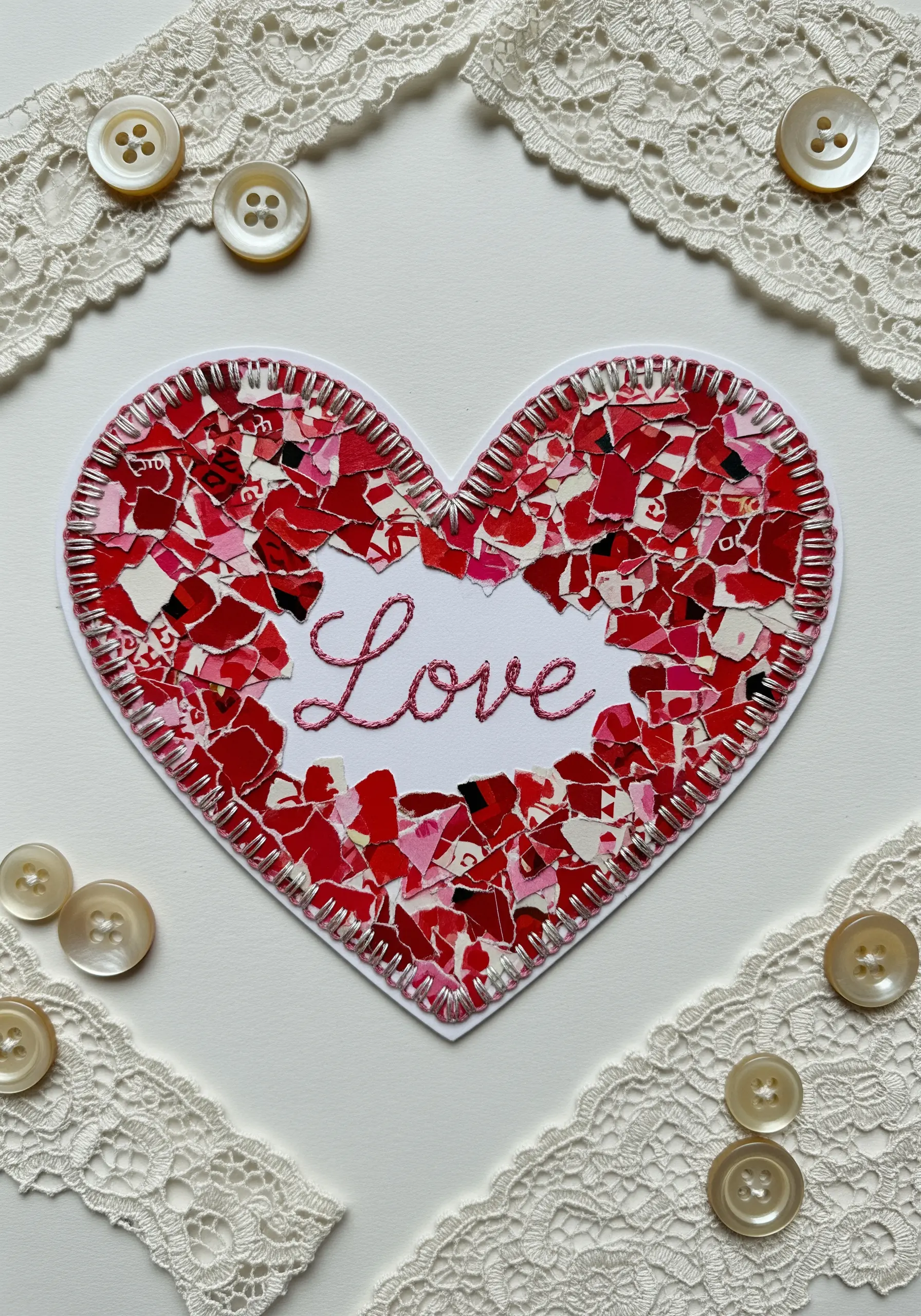 A heart shape filled with red paper mosaic, outlined with silver thread and with 'Love' embroidered.