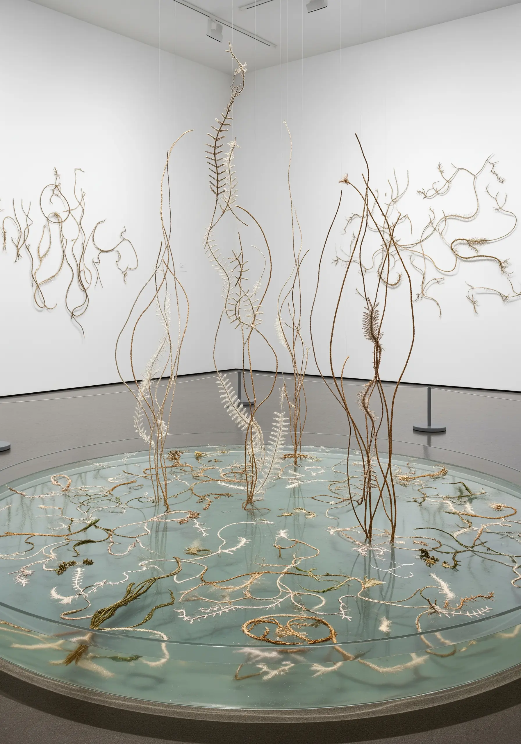 Delicate, three-dimensional sculptures of underwater plants made from thread and wire.