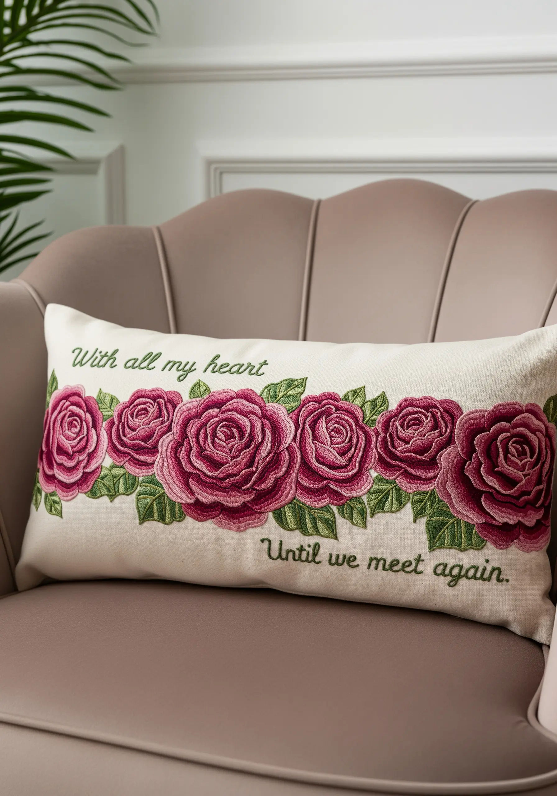 A decorative pillow with a horizontal band of large, vibrant pink embroidered roses.