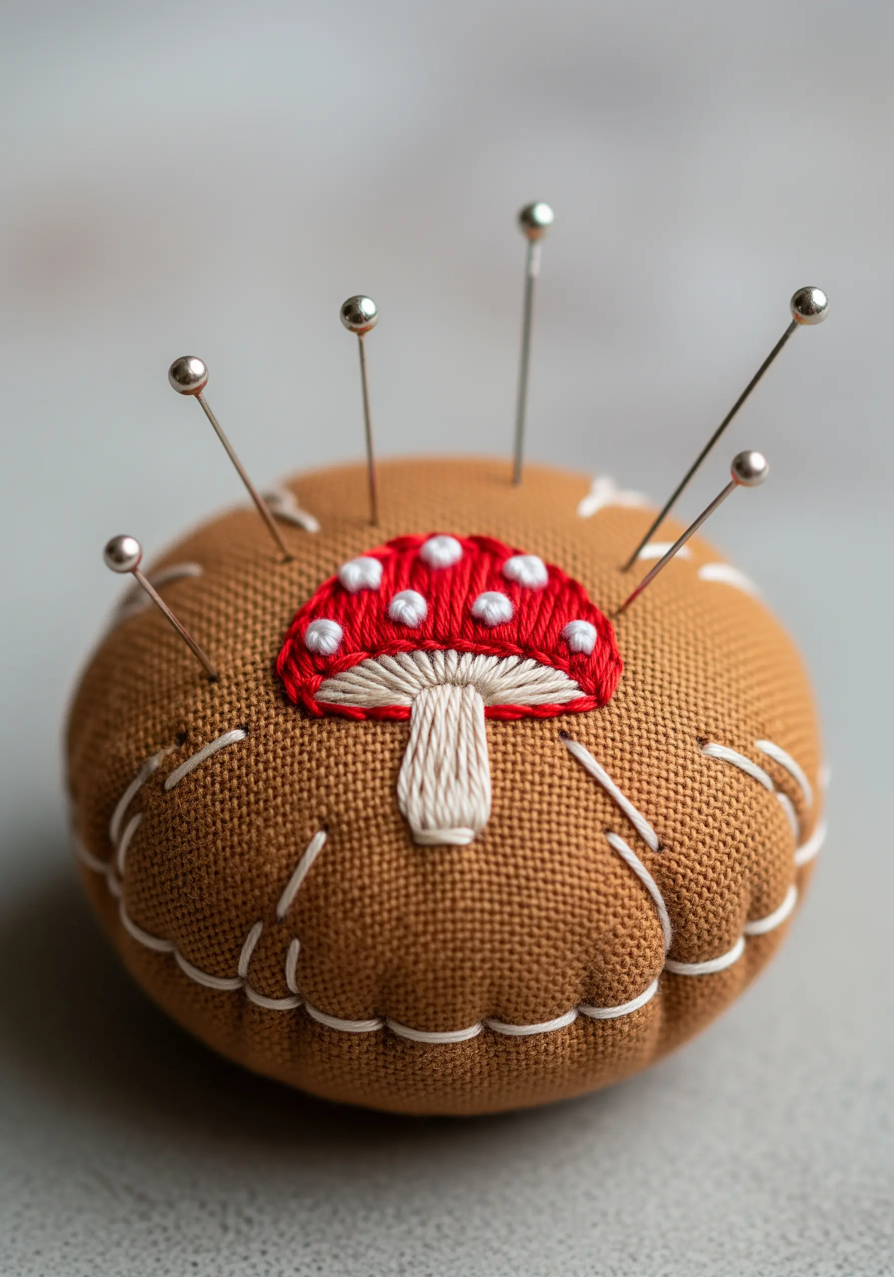 A small red and white mushroom embroidered on a brown, round pincushion with pins stuck in it.