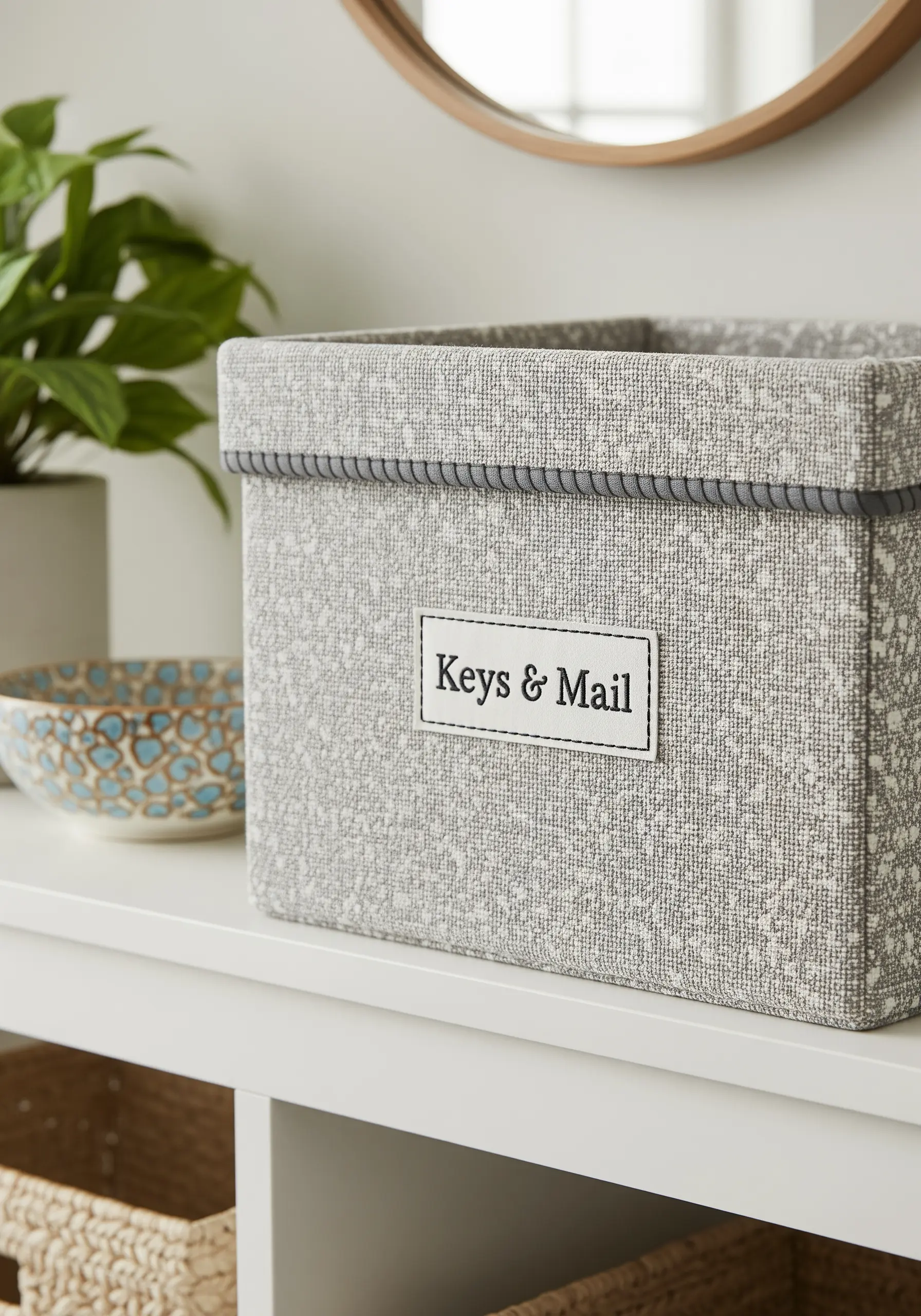 A stitched label reading 'Keys & Mail' on a fabric storage box.