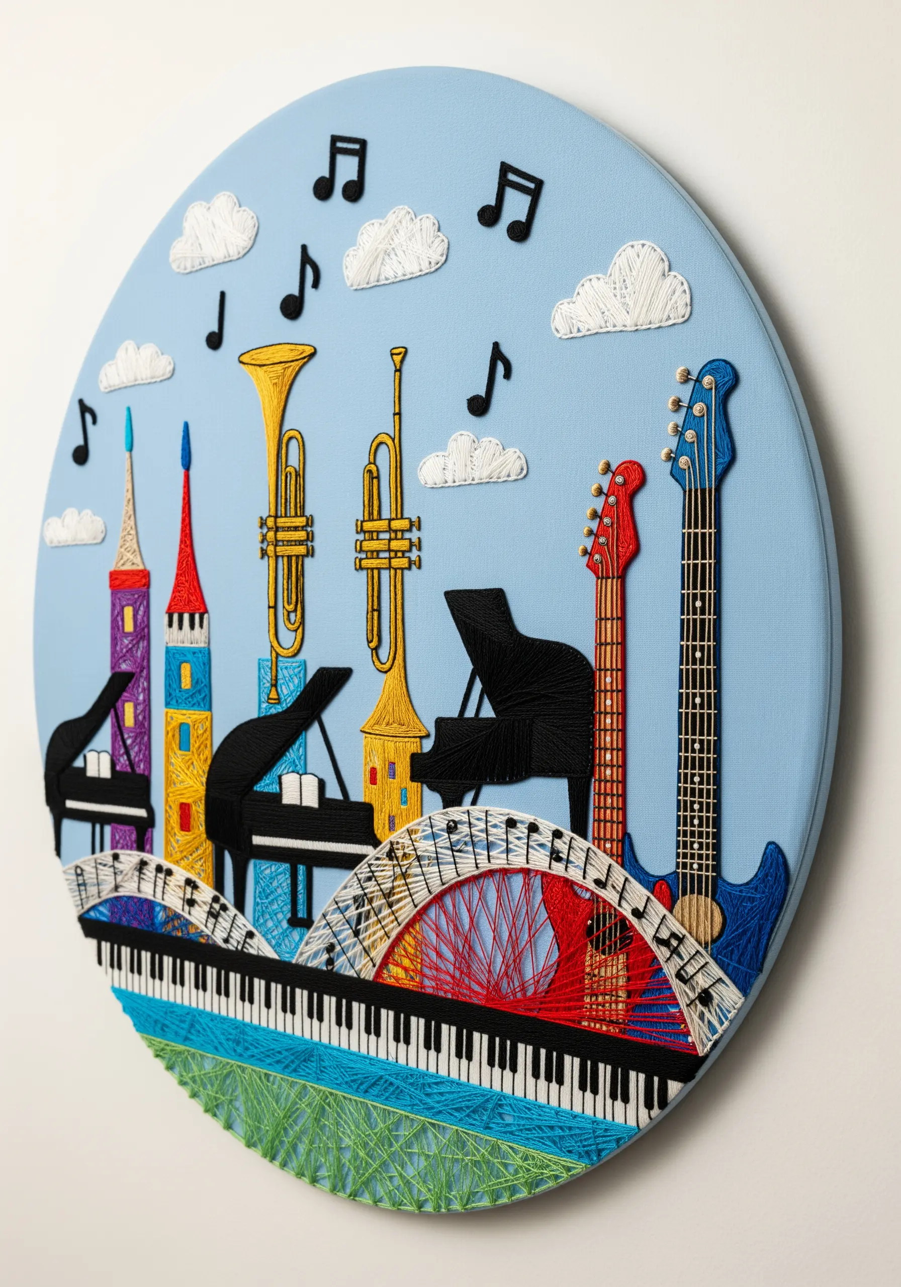A whimsical, circular embroidery merging a cityscape with musical instruments like pianos and guitars.