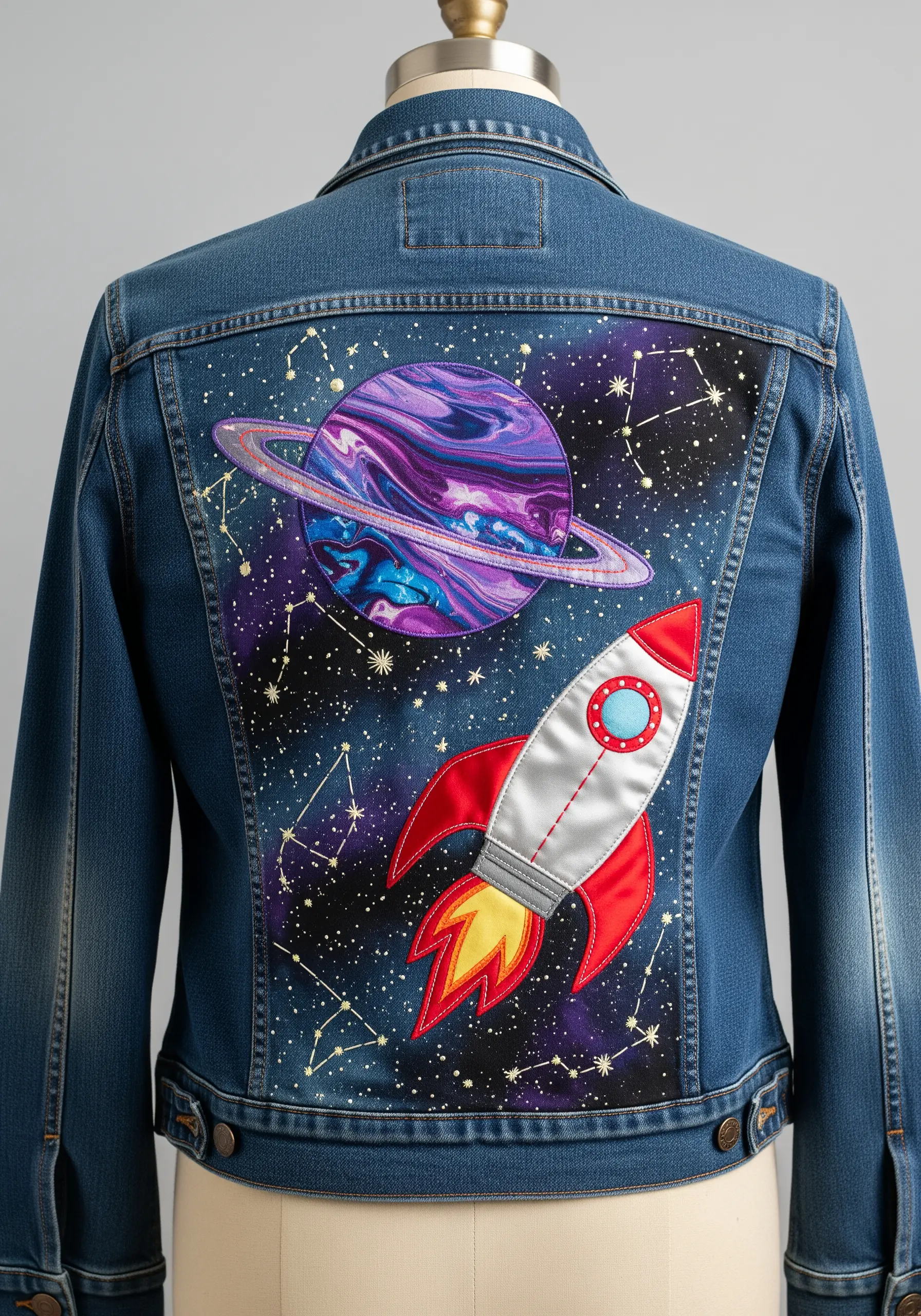 Painted planet appliqué on a denim jacket with embroidered stars and constellations.
