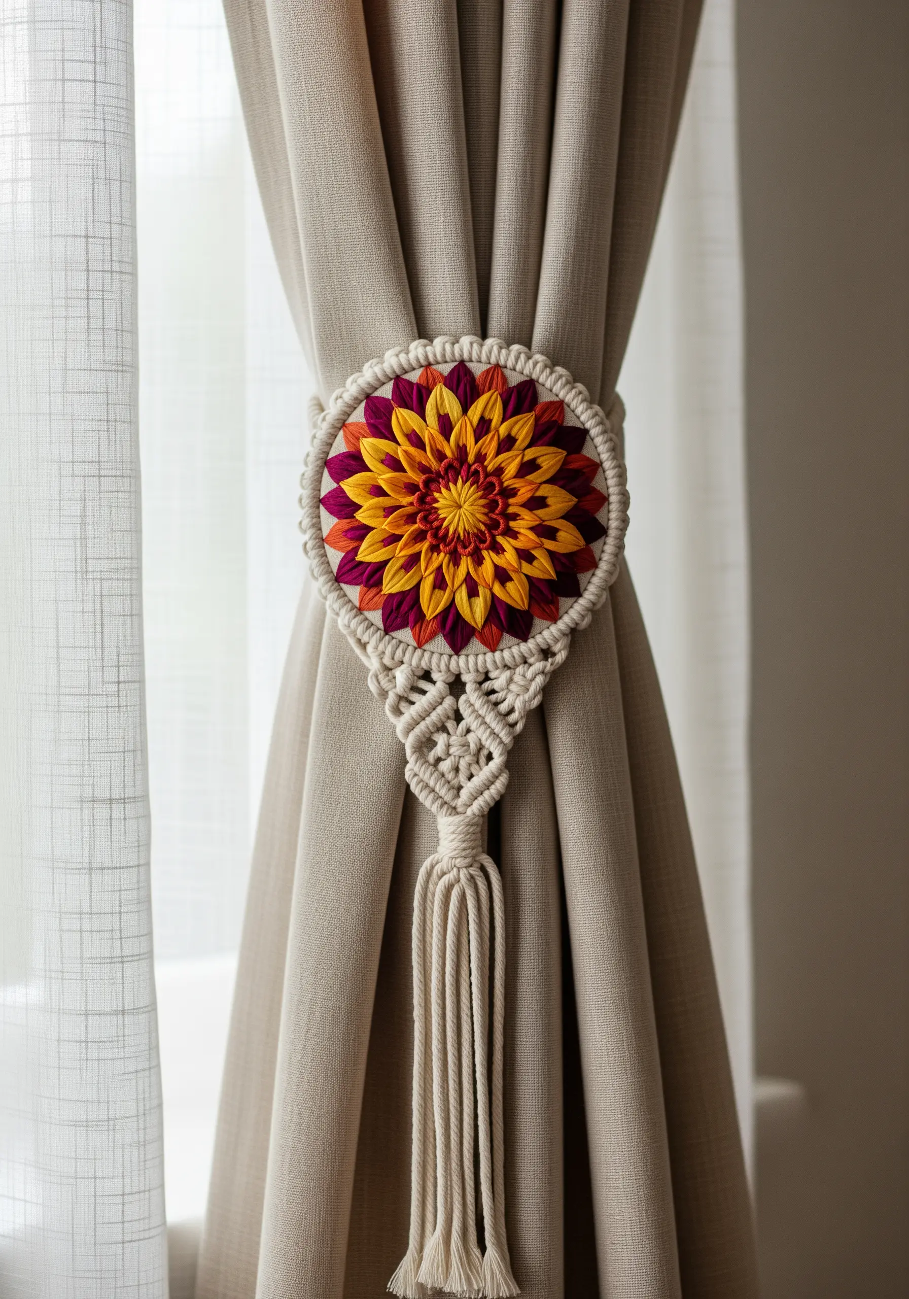 Macrame curtain tie-back featuring a round, colorful embroidered floral mandala.