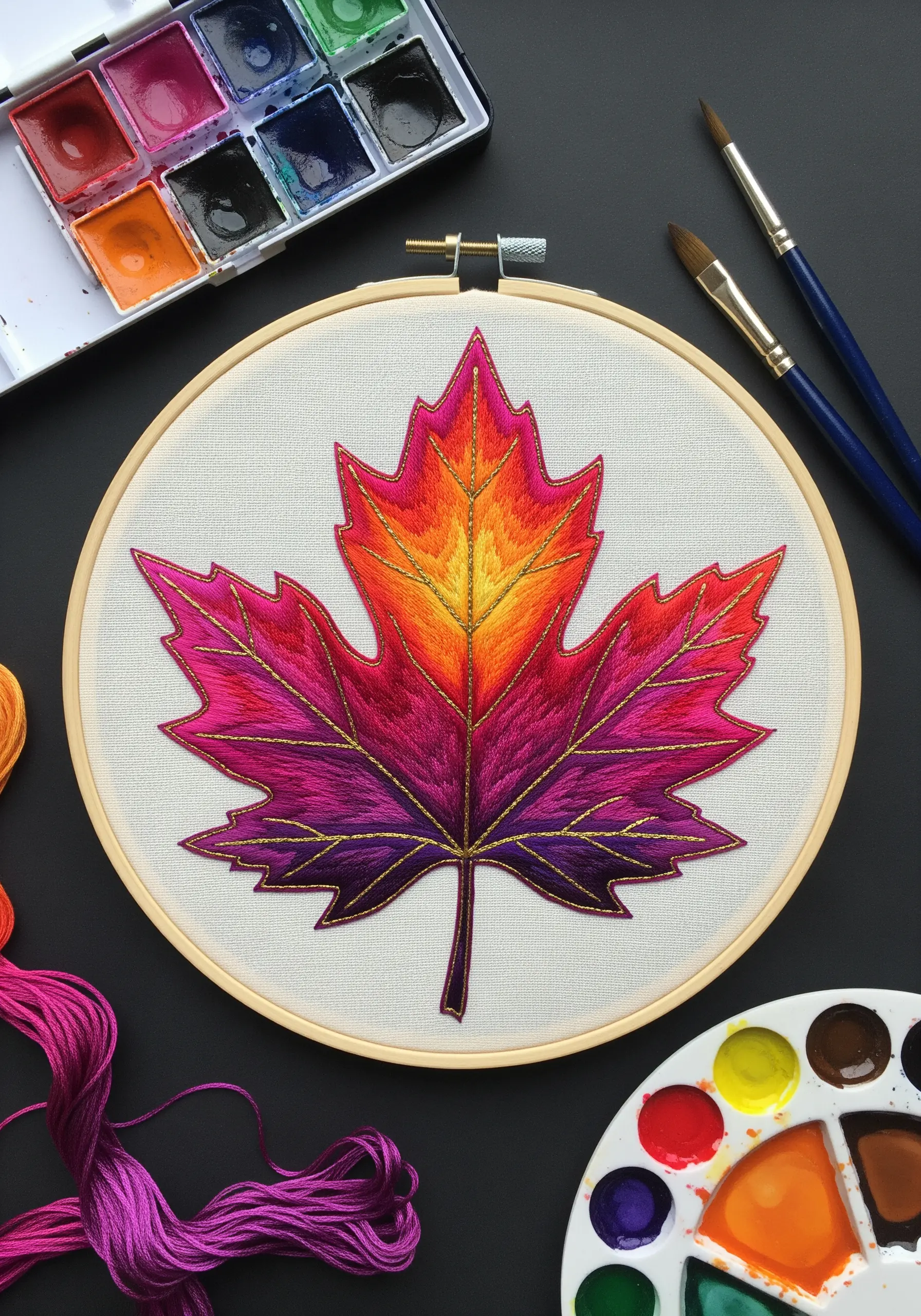 A maple leaf with a painted watercolor base, enhanced with thread painting and a gold outline.