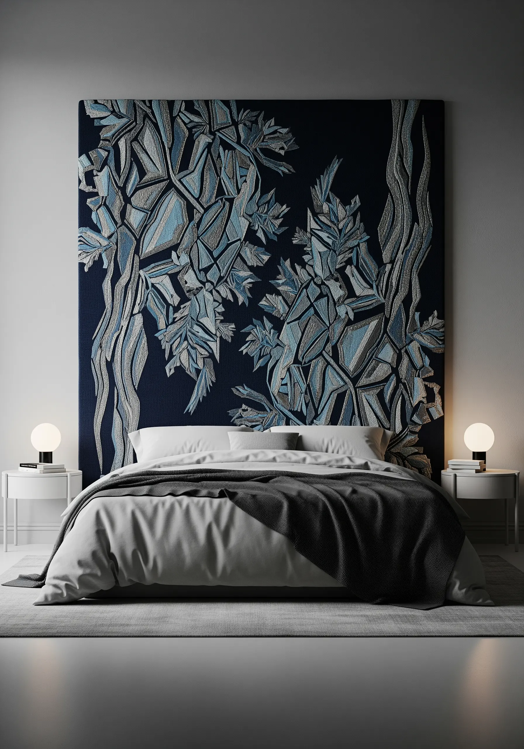 Abstract, geometric embroidered headboard with tree and leaf motifs in blue tones.