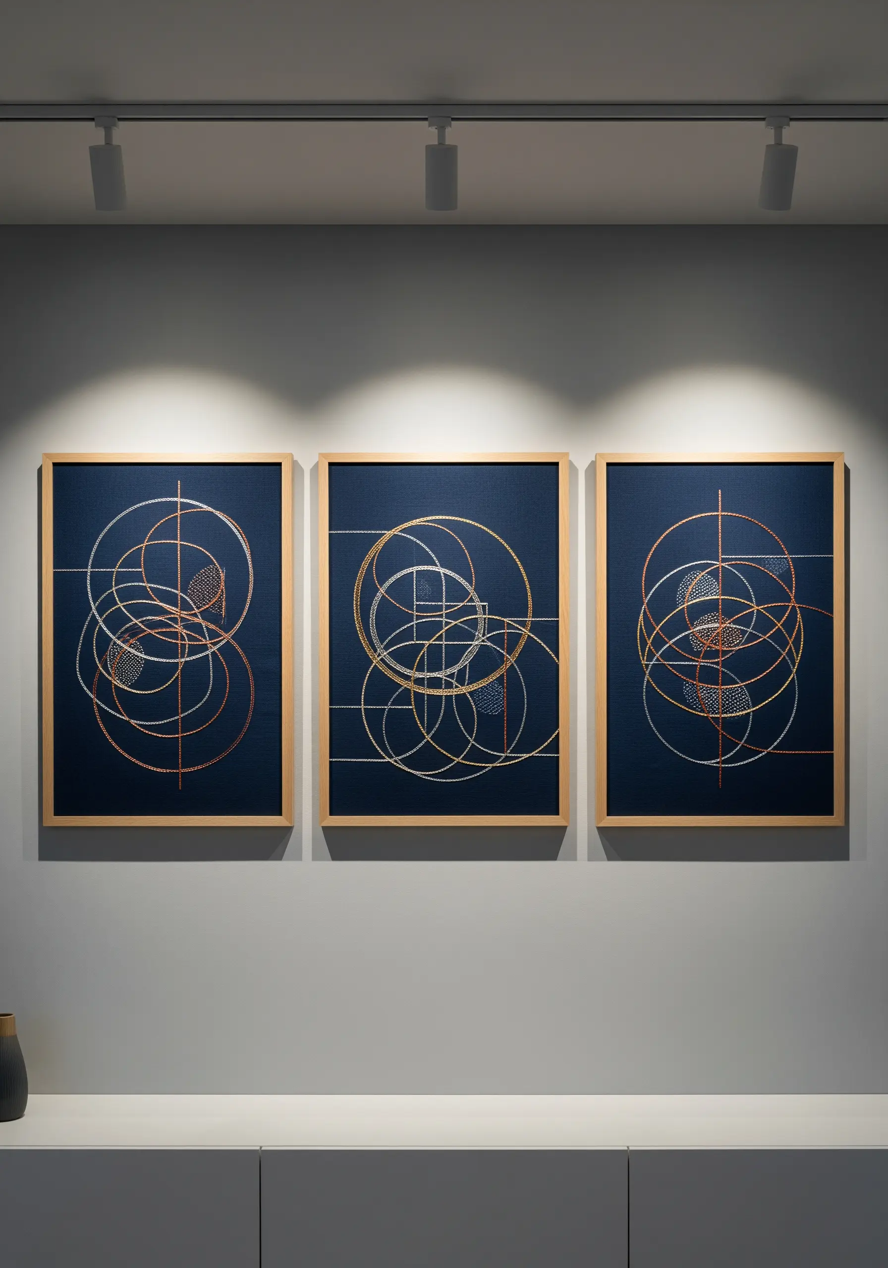 Three framed abstract geometric embroideries with metallic thread on dark blue fabric