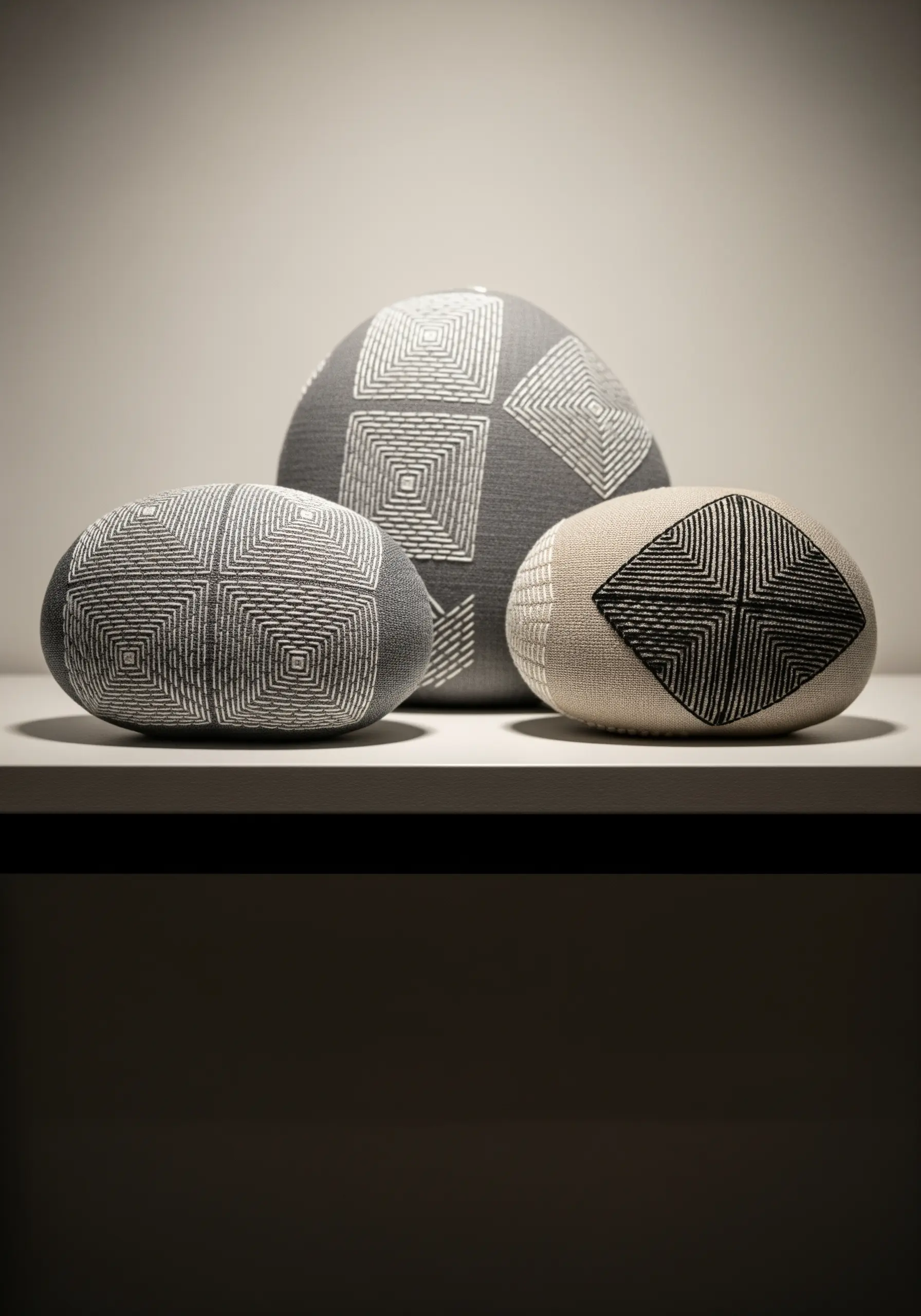 Three fabric-covered, stone-shaped objects embroidered with concentric geometric line patterns.