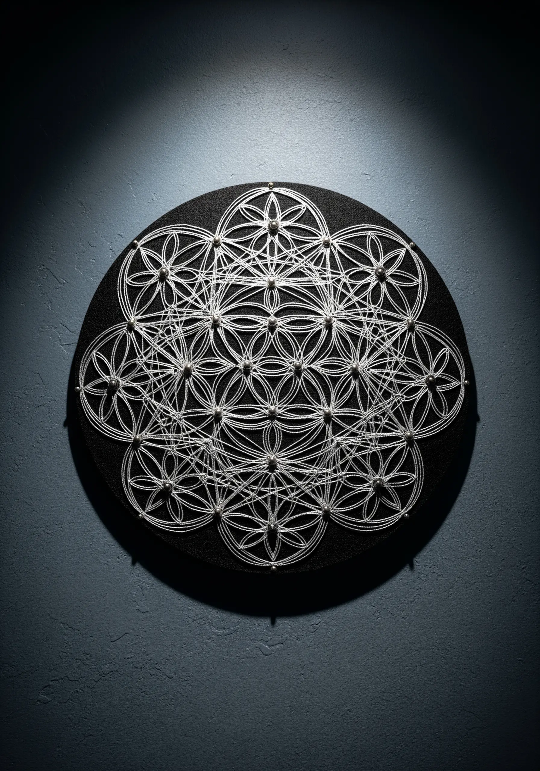 A 'Flower of Life' string art mandala with white thread and silver pins on a black circular board.