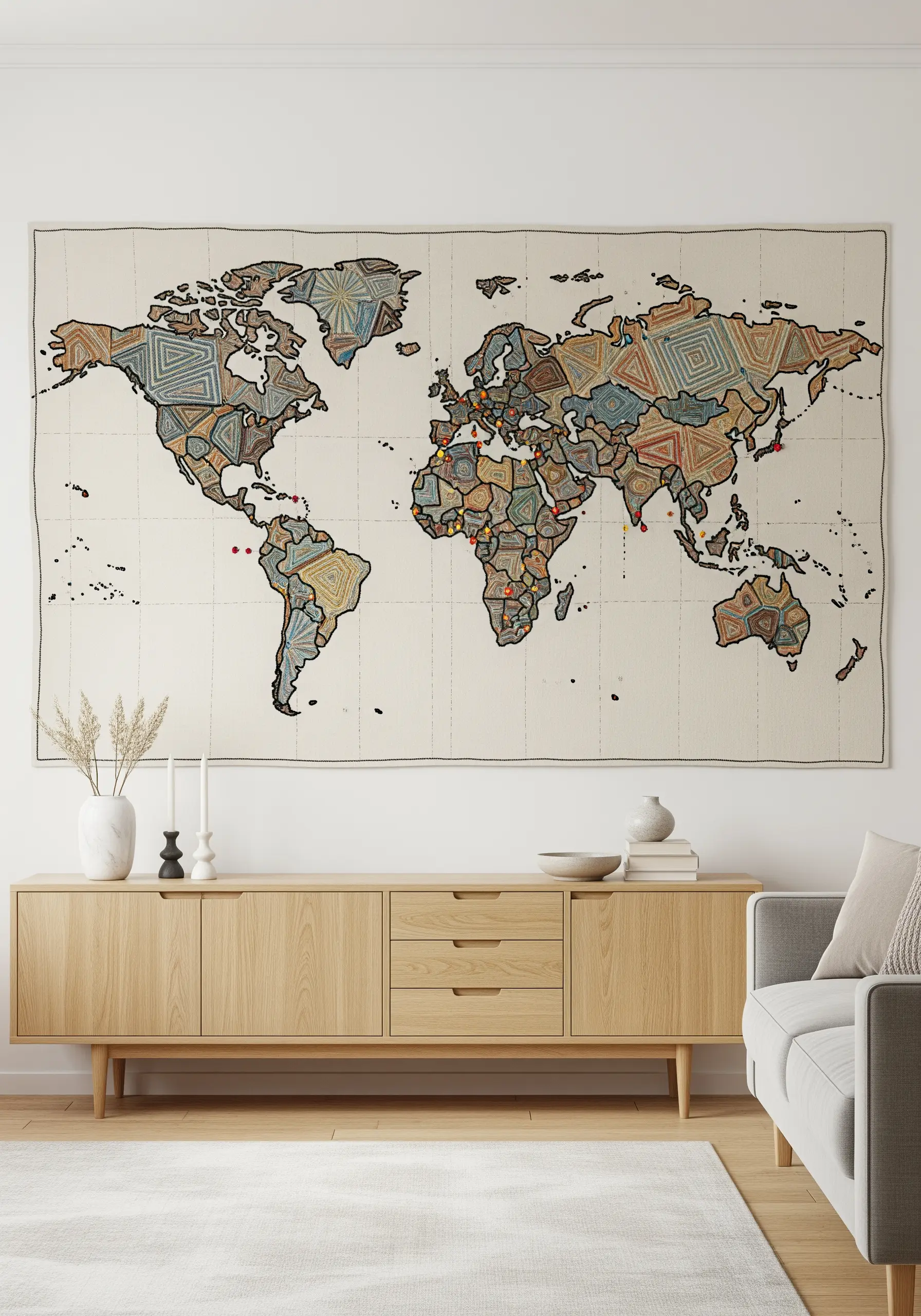 A large wall tapestry of a world map, with each continent filled with geometric stitch patterns.
