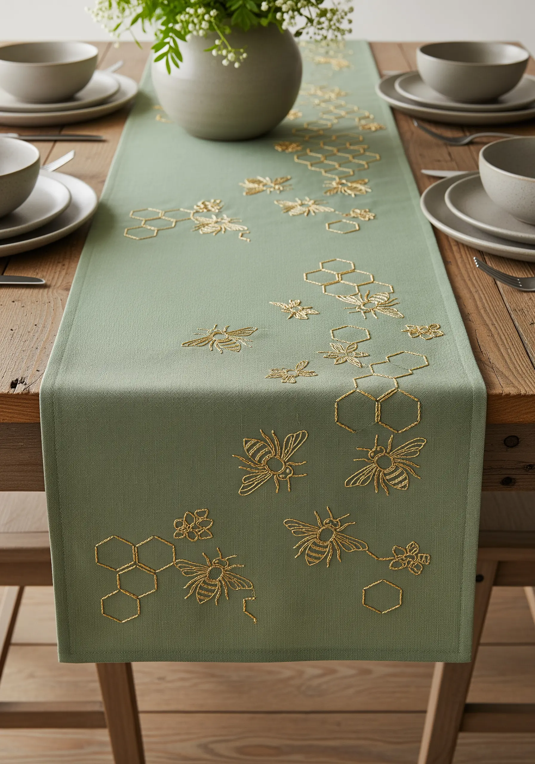 Gold metallic thread embroidery of bees and honeycombs on a sage green table runner.