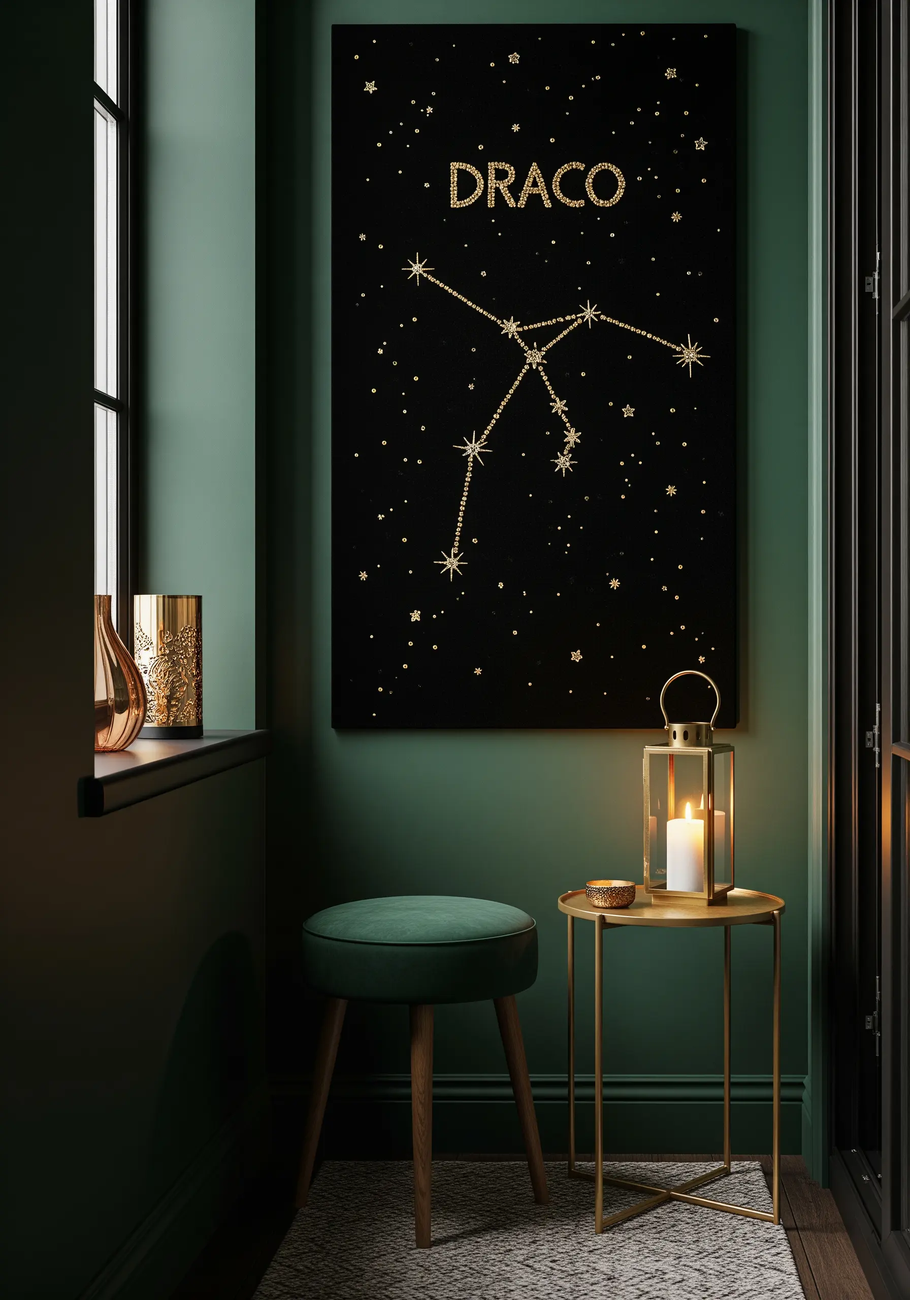 A large black canvas with the Draco constellation embroidered in gold thread.