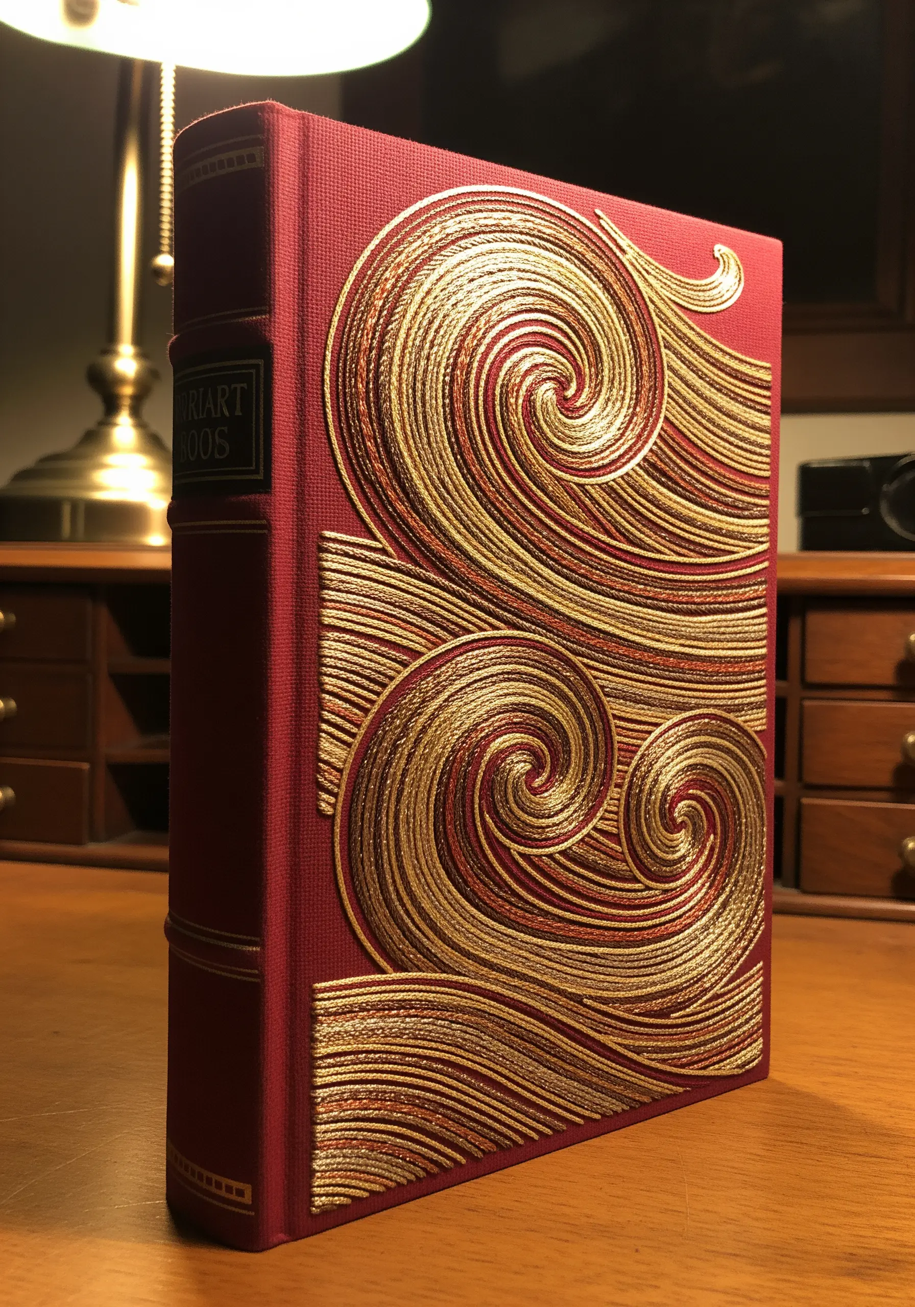An intricate raised satin stitch design of golden swirls on a red book cover.