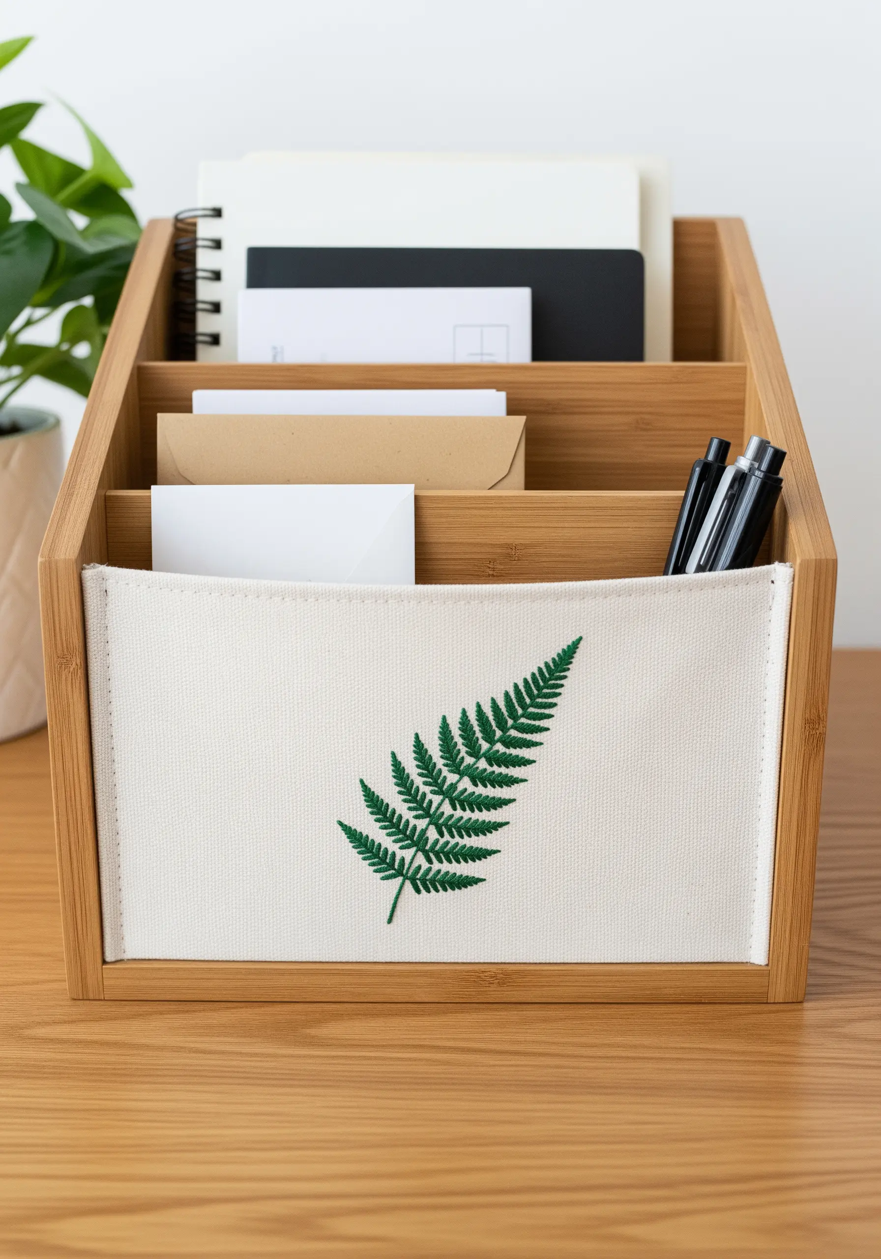 A realistic fern leaf embroidered with directional satin stitches on a desk organizer