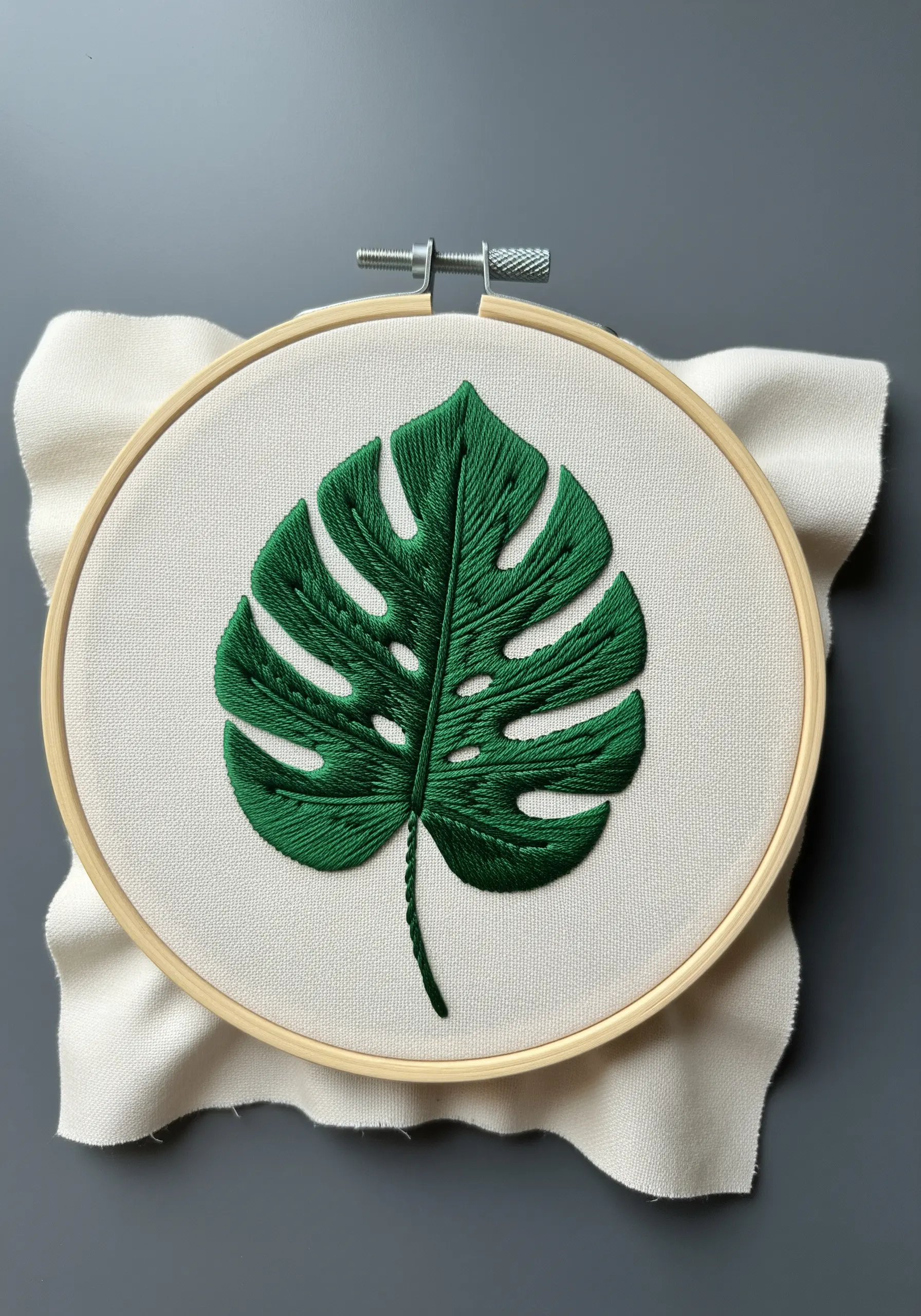 A vibrant green monstera leaf with detailed satin stitching in a wooden embroidery hoop.