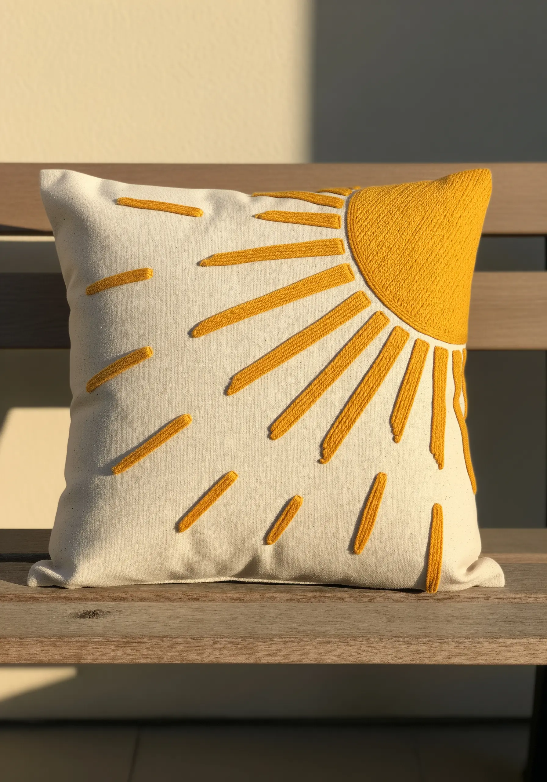 A graphic sun embroidered on a pillow with raised yellow satin stitch rays.