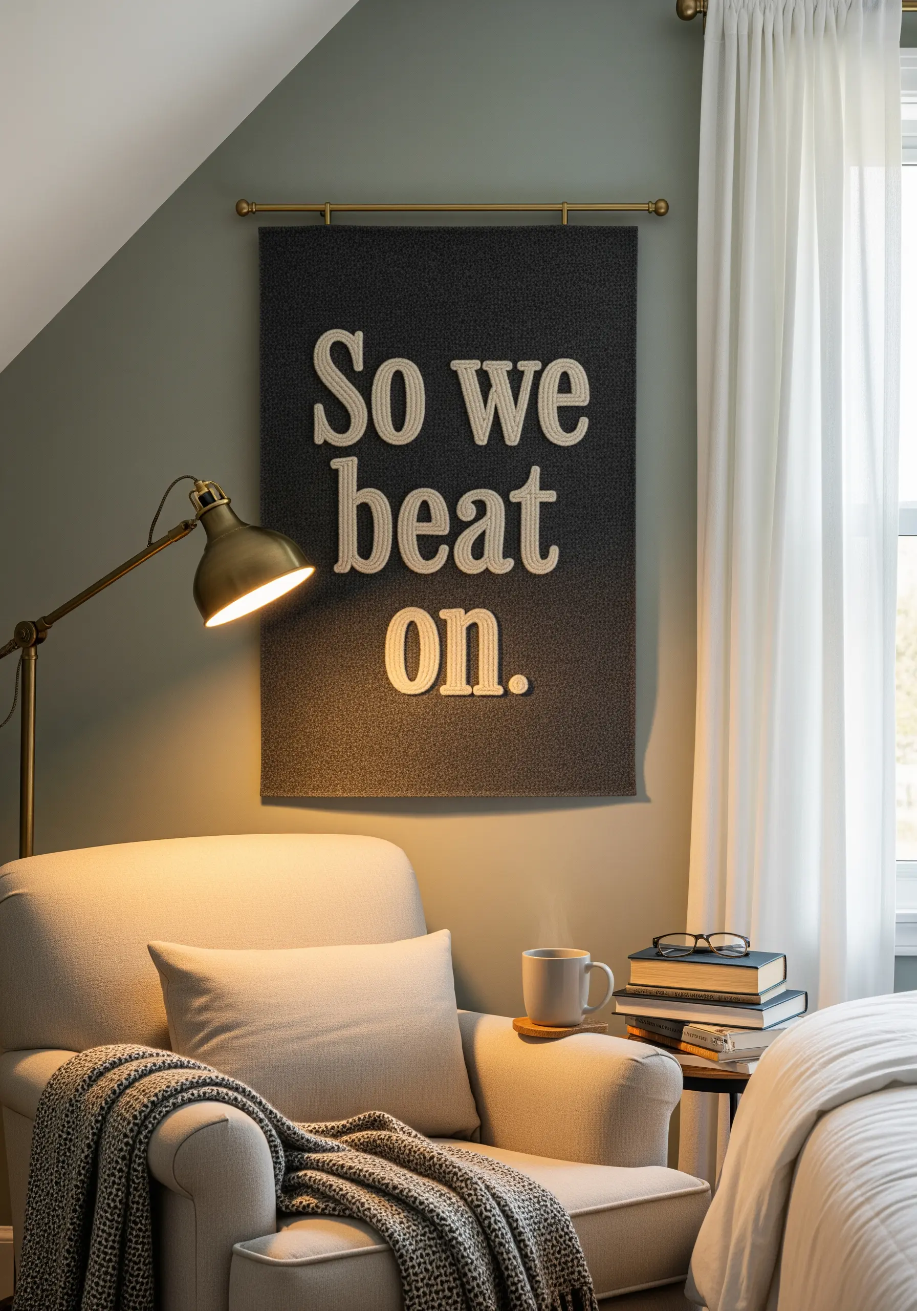 Dimensional embroidered quote with raised padded satin stitch letters.