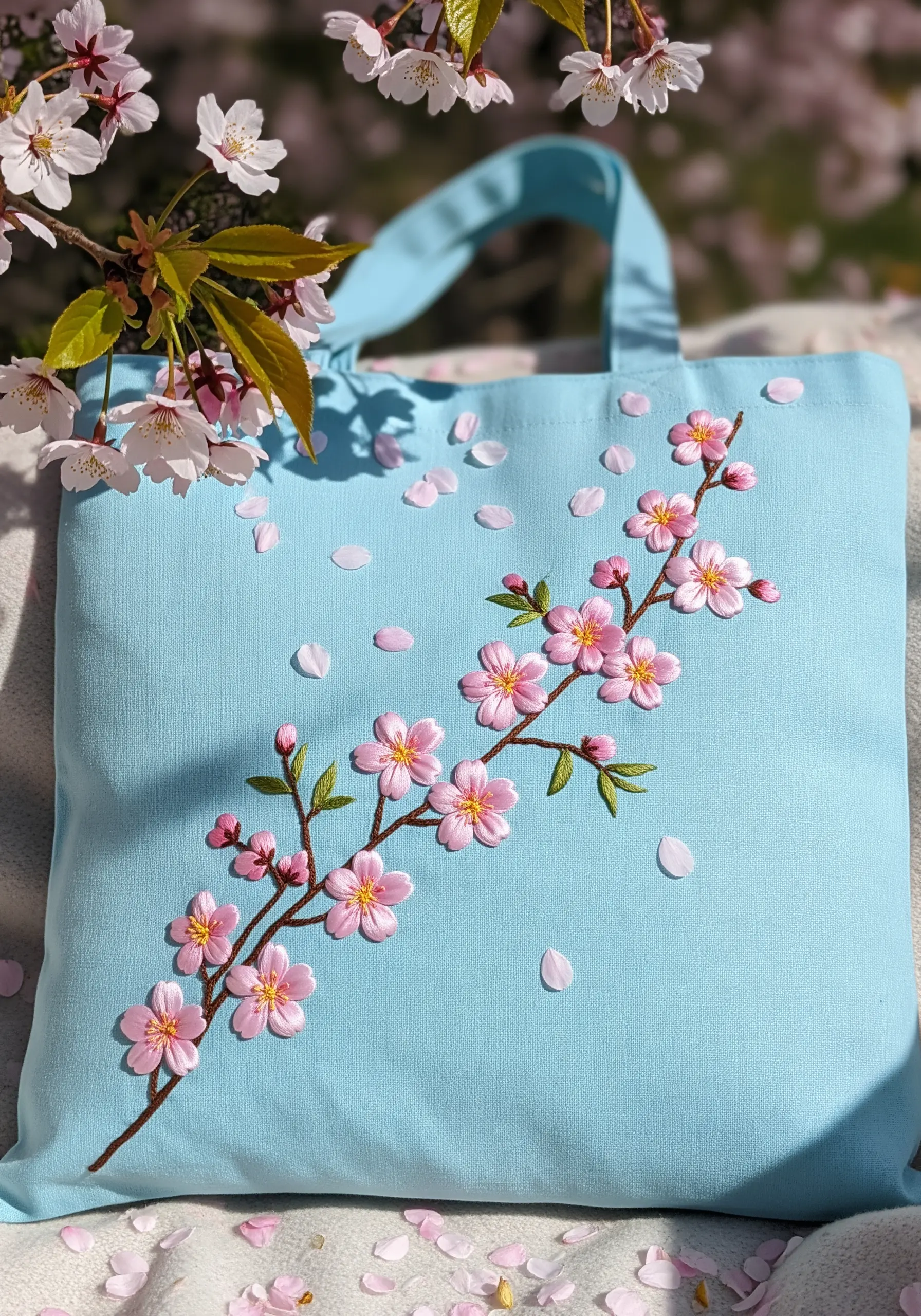 Embroidered pink cherry blossom branch on a light blue tote bag