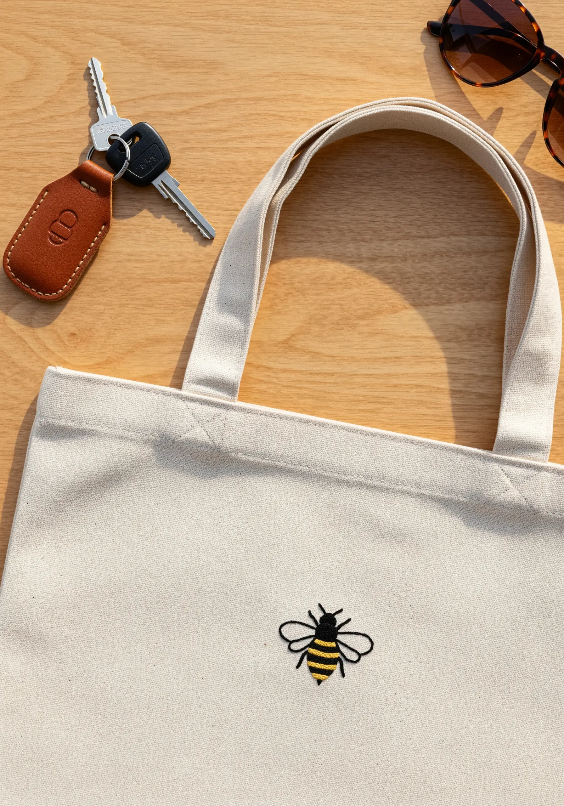 A small, neatly embroidered bee with black outlines and yellow satin stitch on a canvas tote.