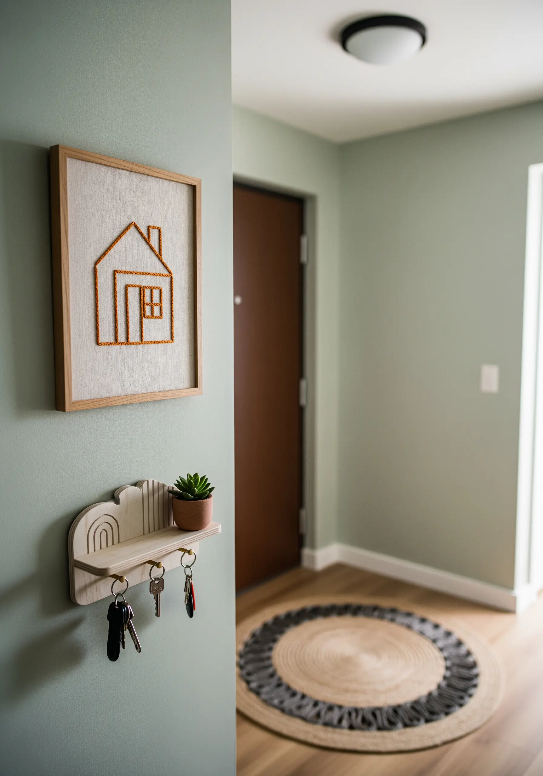 Framed embroidery of a simple house outline, stitched in orange Perle cotton.