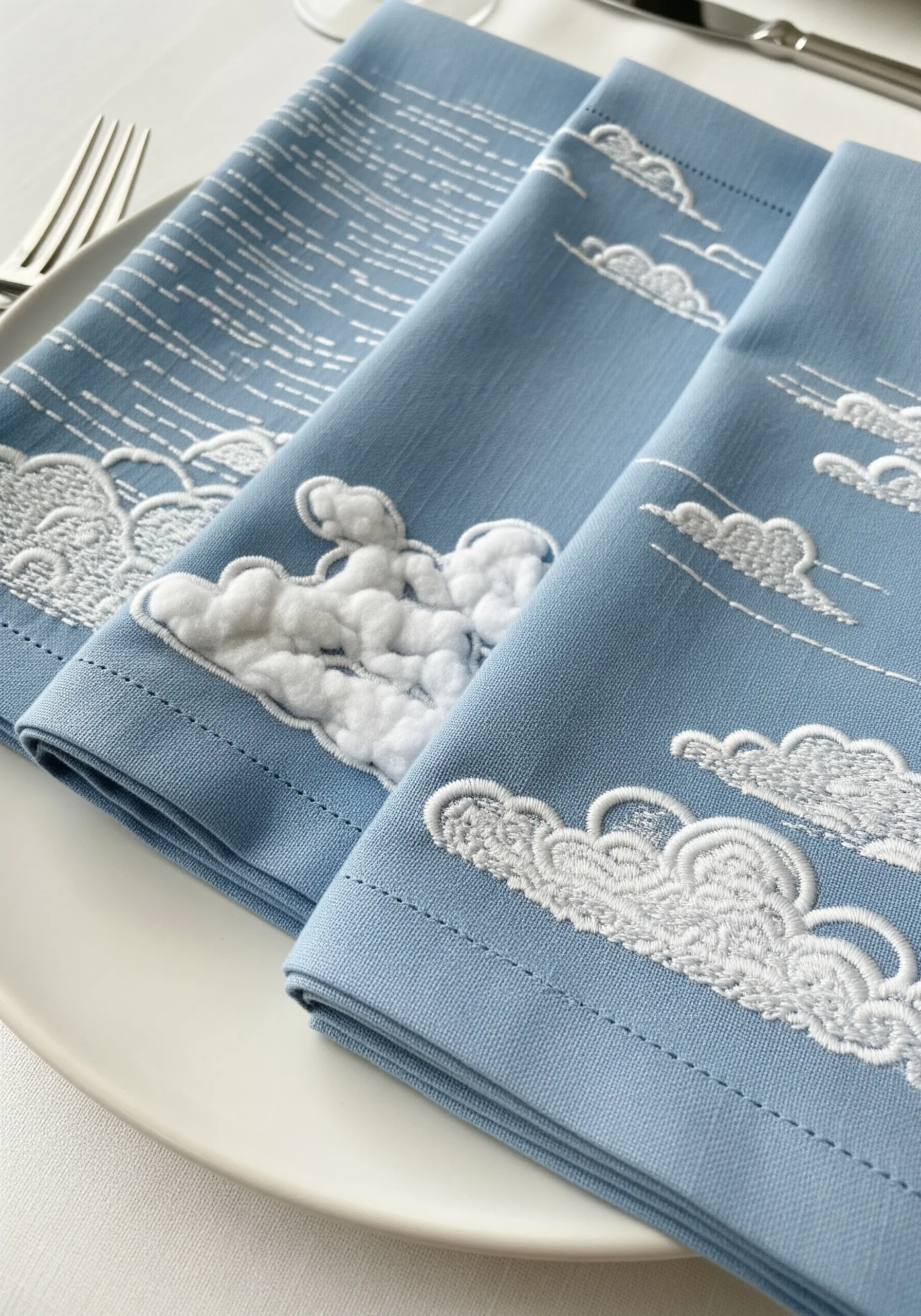 Blue cloth napkins with puffy, three-dimensional white embroidered clouds.
