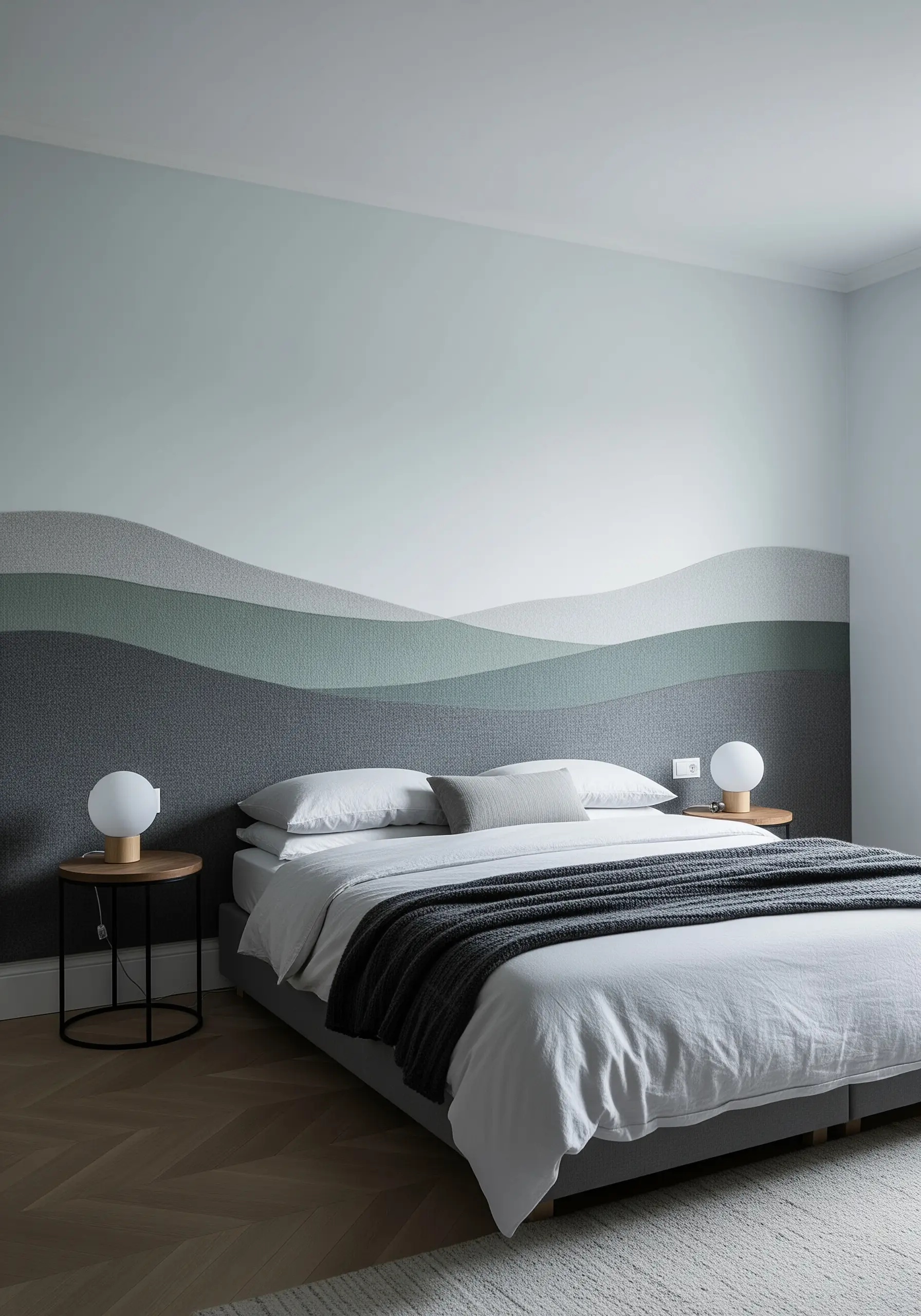 A bedroom headboard wall covered in textured fabric panels with wavy, embroidered patterns.