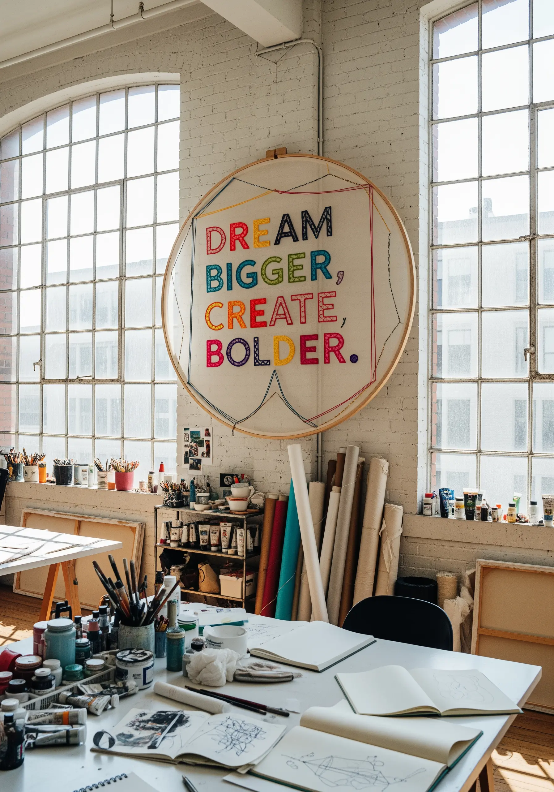 An enormous embroidery hoop with a colorful, bold quote hanging on a brick wall.
