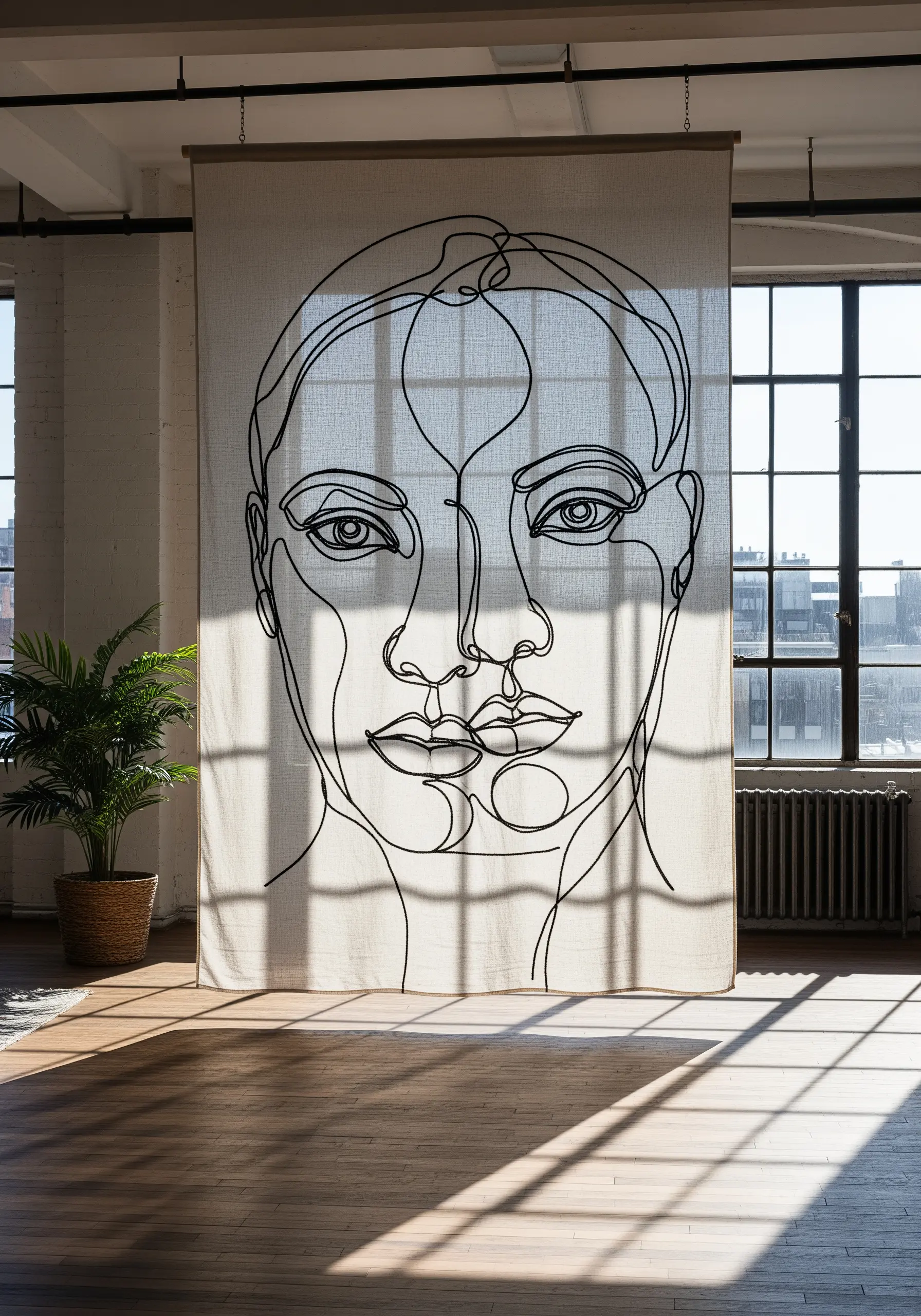 A very large fabric wall hanging featuring a continuous line art portrait.