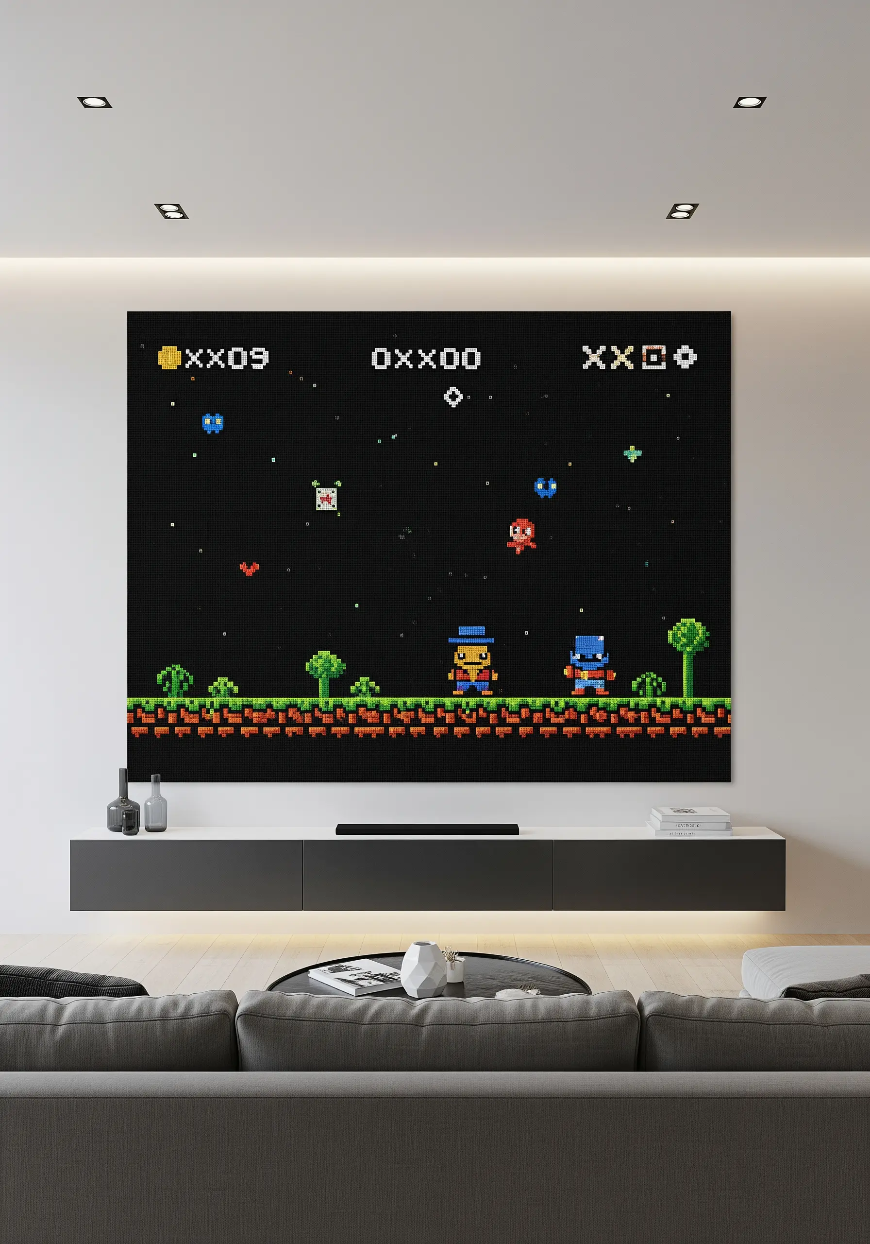 A huge cross-stitch tapestry that looks like a retro 8-bit video game scene.