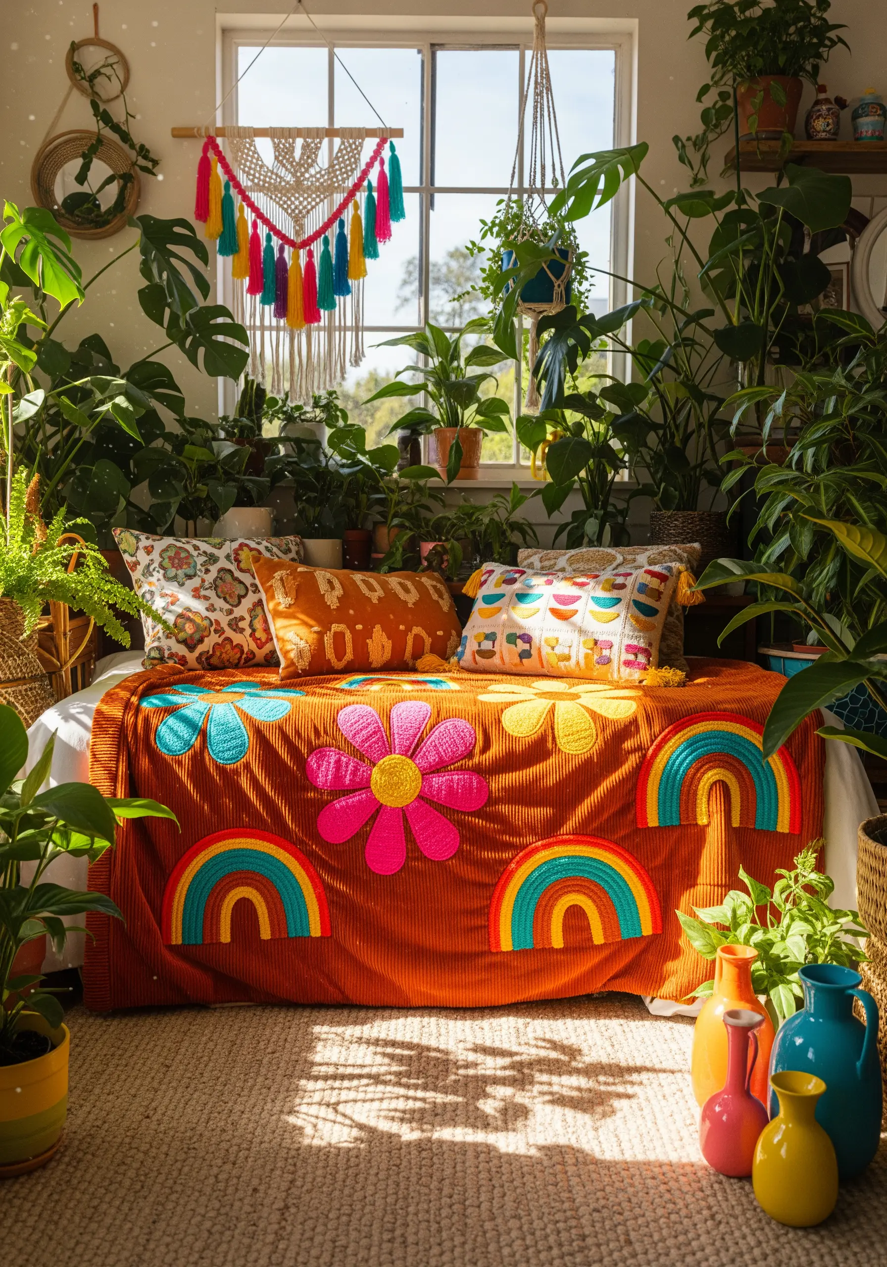 A bright orange corduroy blanket decorated with large, colorful felt appliqué rainbows and flowers.