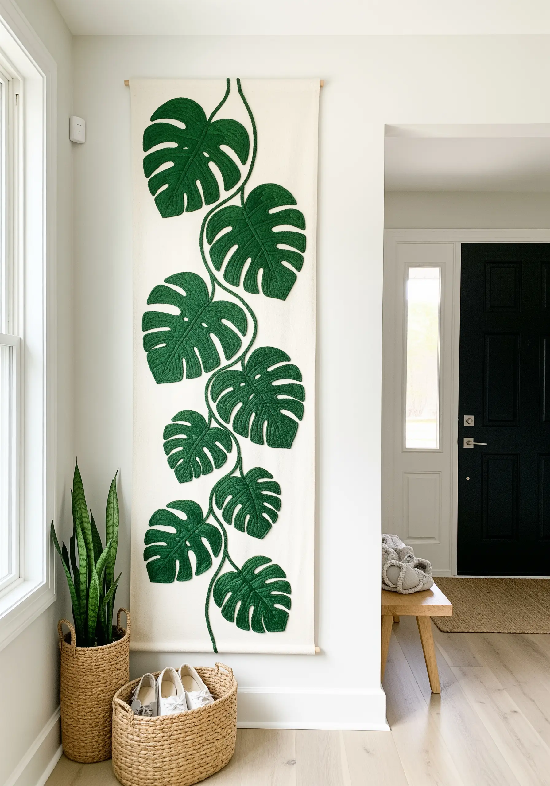 A large wall hanging featuring a climbing monstera plant with bold green embroidered leaves.