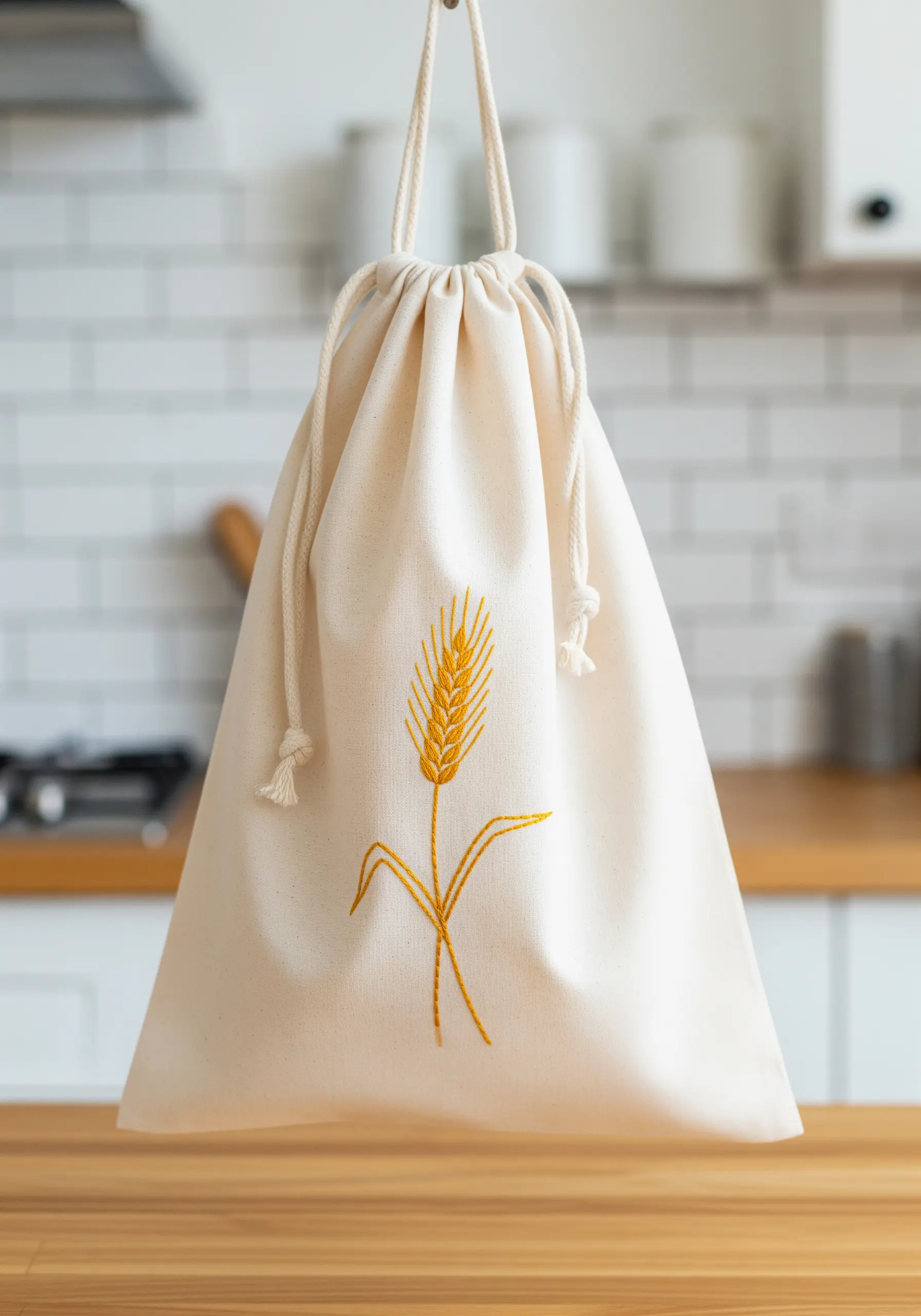 A single stalk of wheat embroidered in golden thread on a canvas drawstring bag.