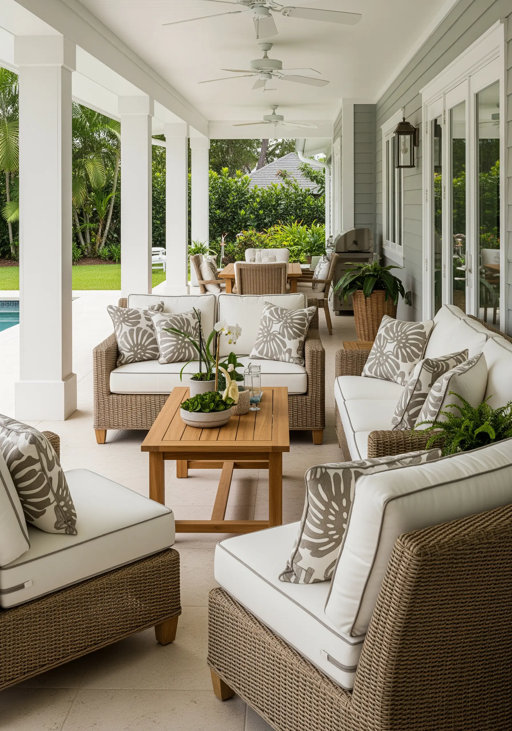 Outdoor pillows with a bold, graphic pattern of tropical leaves in greige and ivory.