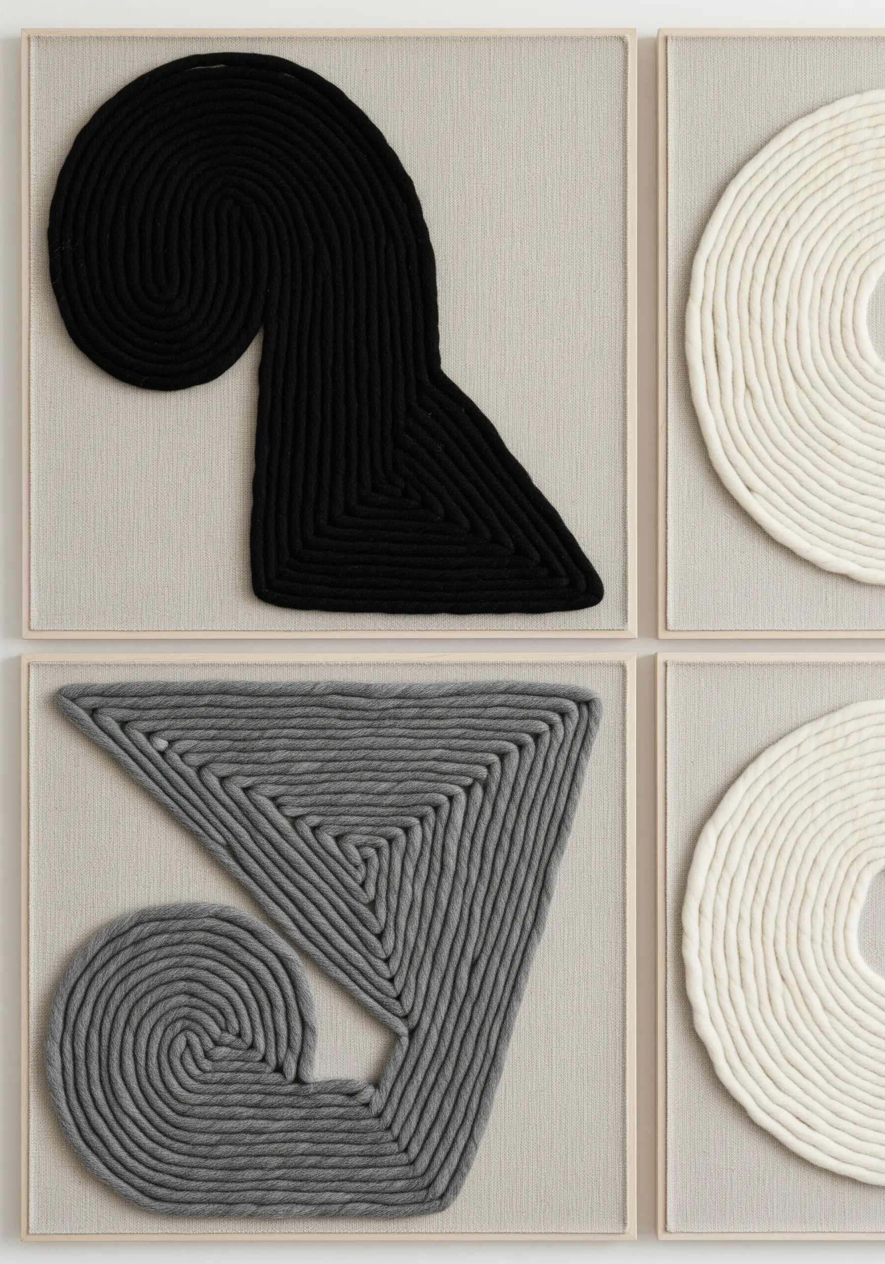 Four framed panels with abstract shapes made from coiled and couched yarn.